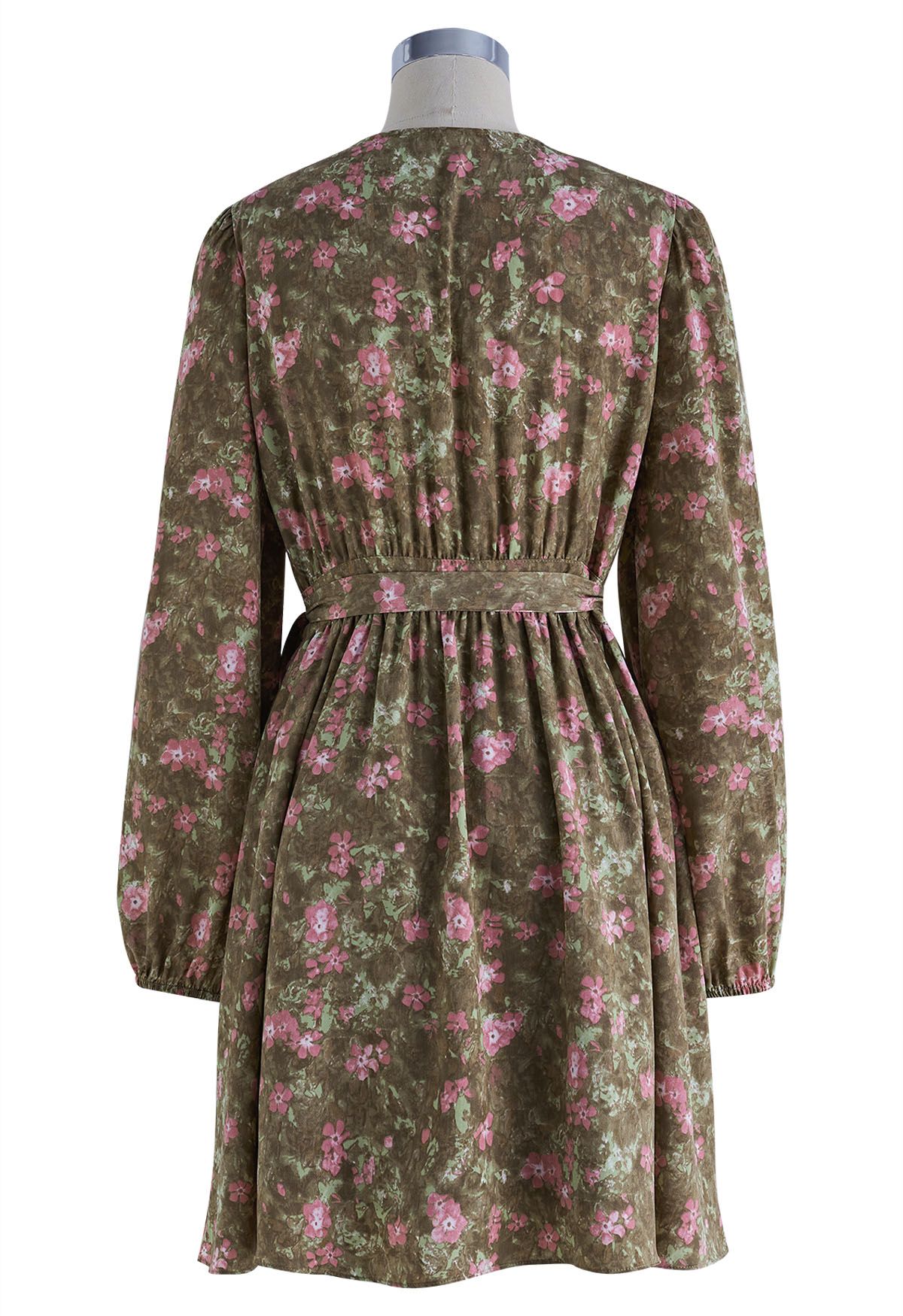 Floret Landscape Chiffon Wrap Mini Dress in Brown