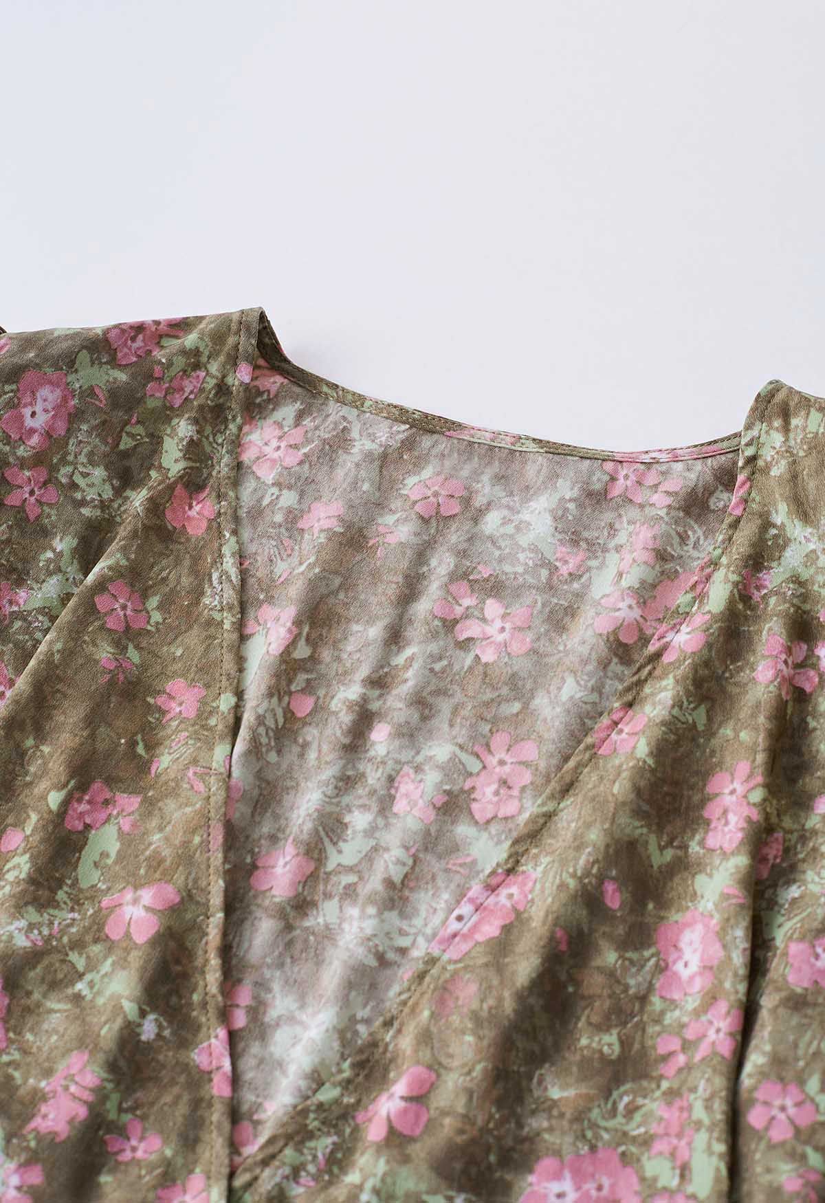 Floret Landscape Chiffon Wrap Mini Dress in Brown
