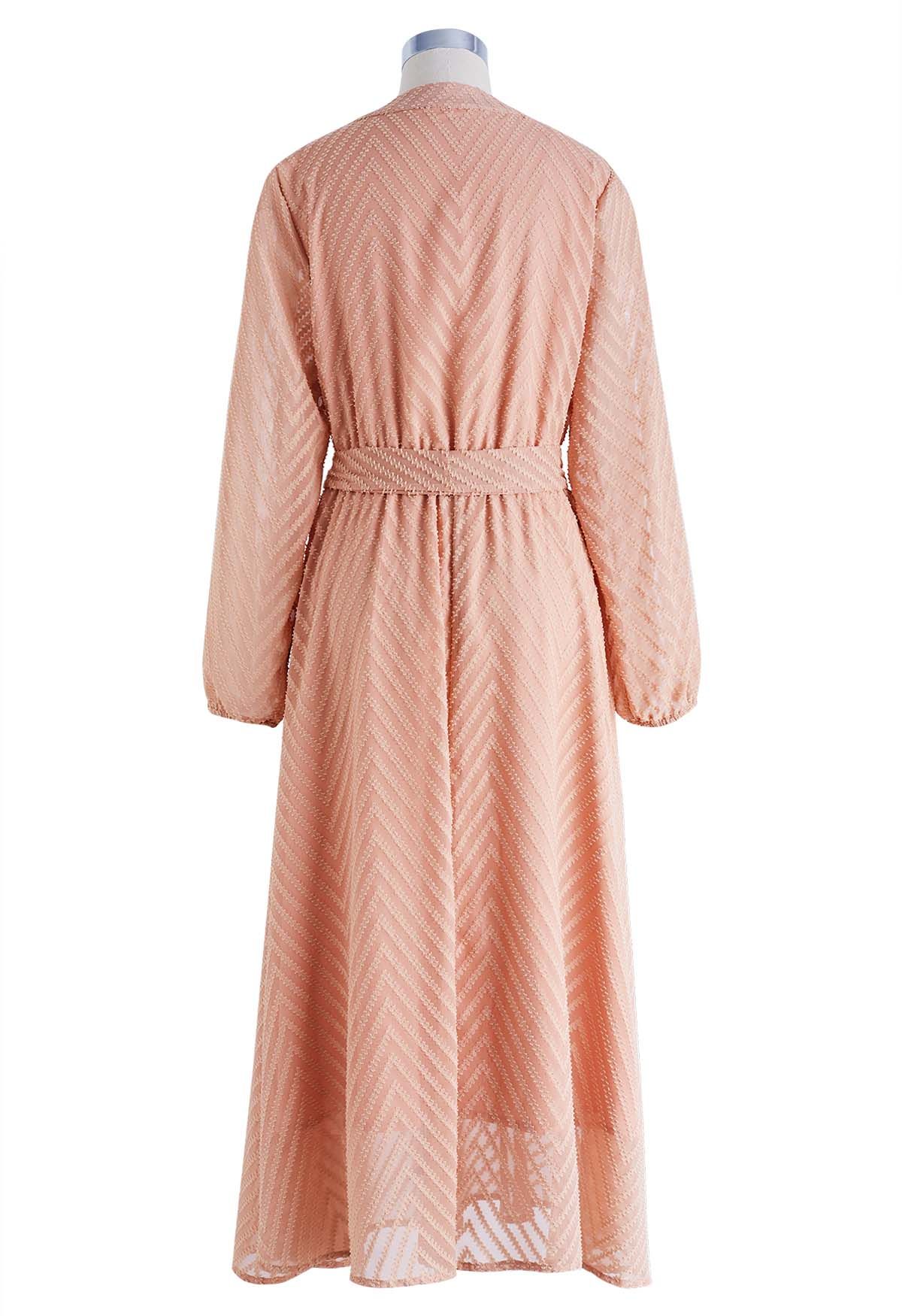 Zigzag Flock Dot Tie Waist Midi Dress in Apricot
