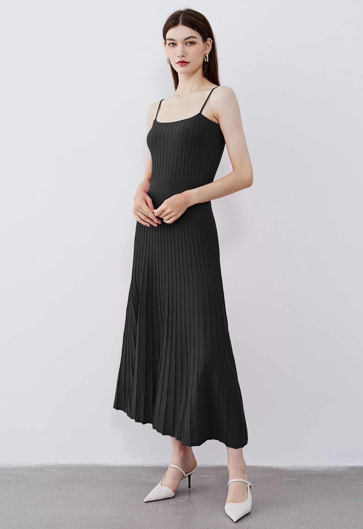 Solid Pleated Knit Cami Dress in Black