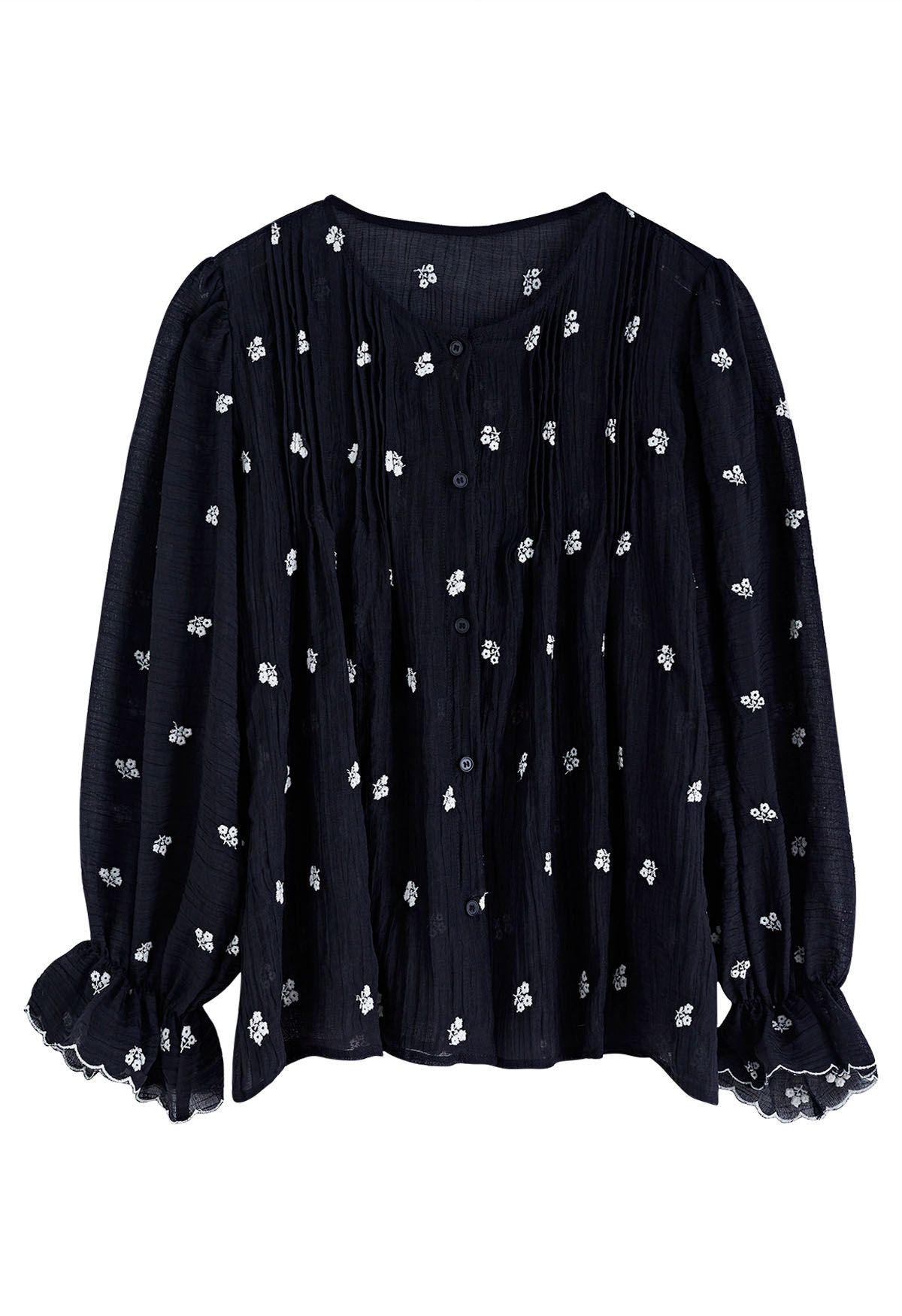 Embroidered Floret Pintuck Detail Dolly Top in Black