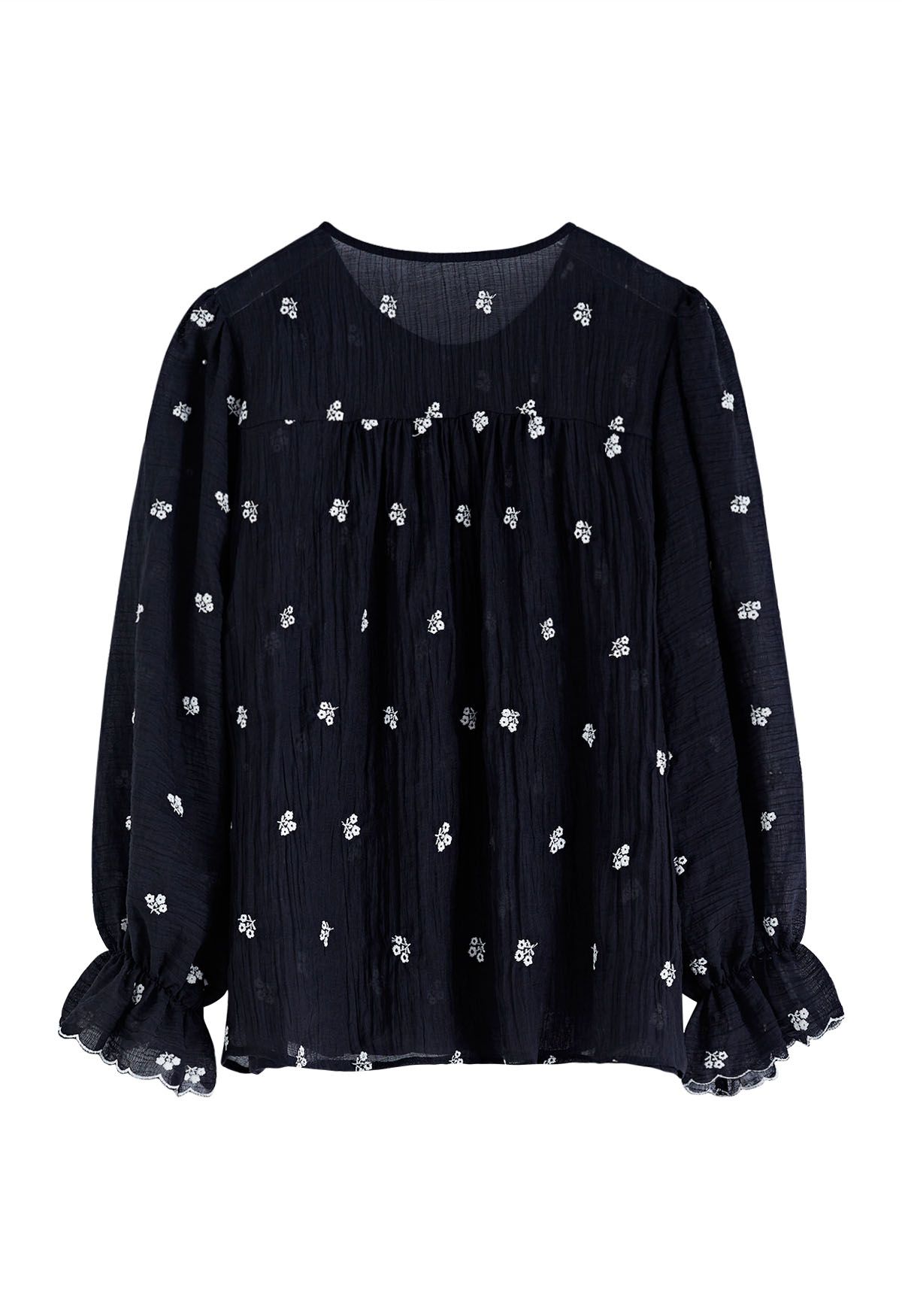 Embroidered Floret Pintuck Detail Dolly Top in Black
