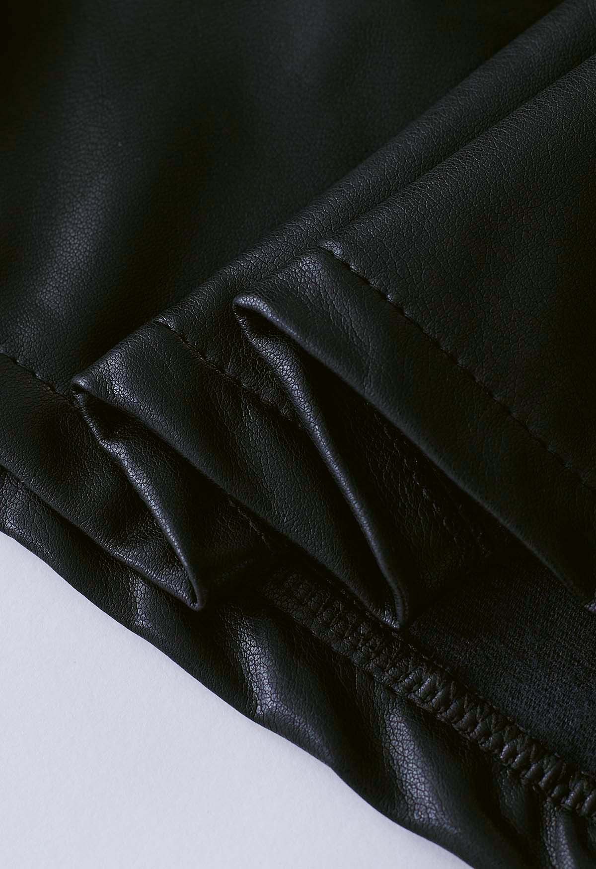 Elastic Waist Faux Leather Mini Skirt in Black
