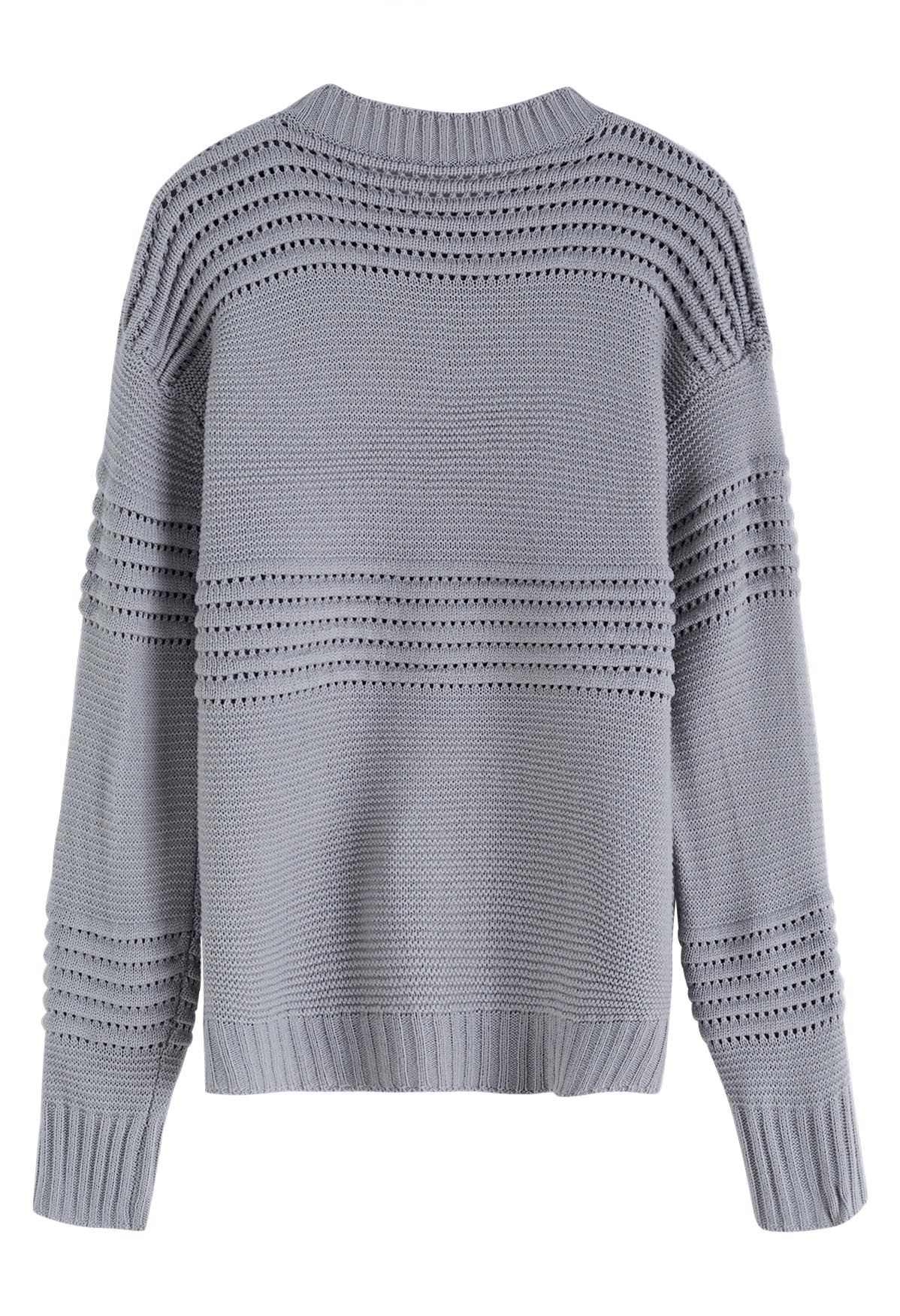 Stripe Embossed Openwork Knit Sweater in Grey