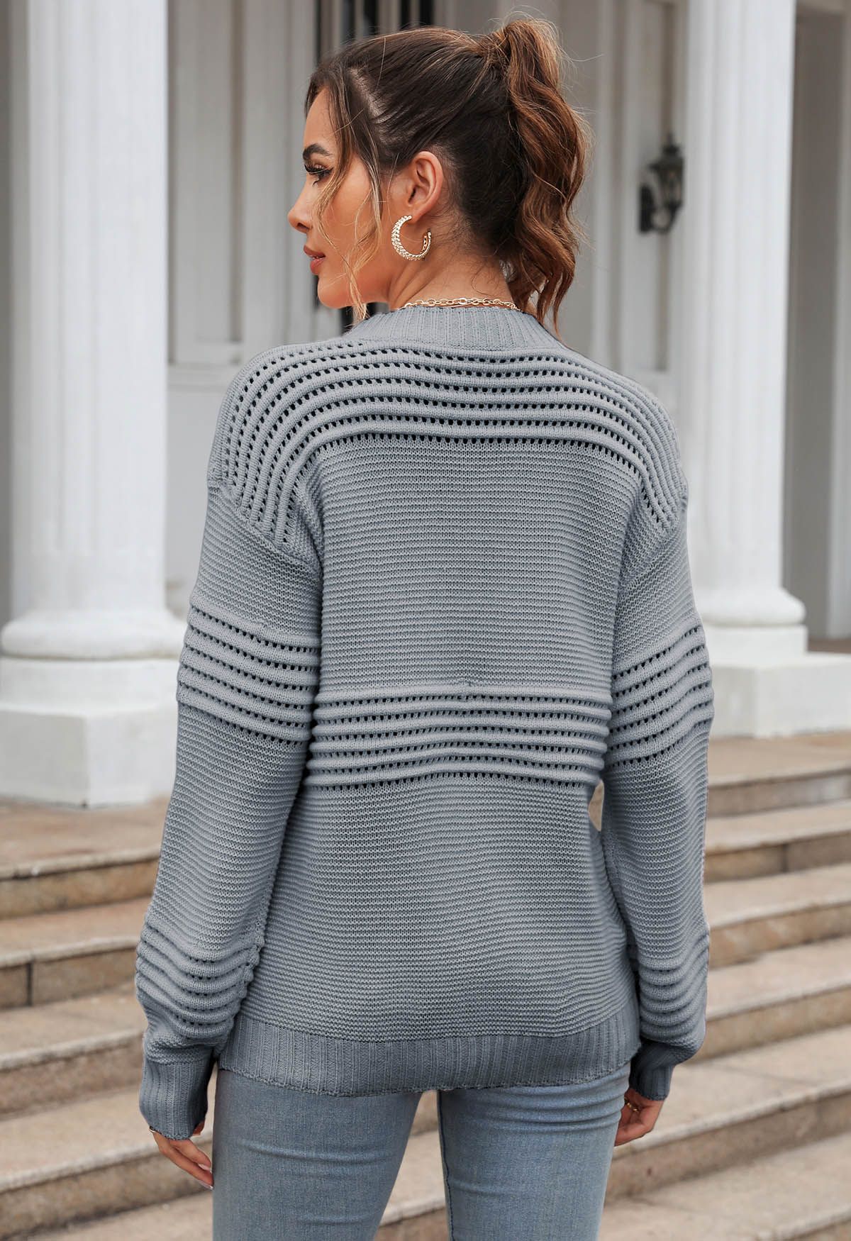 Stripe Embossed Openwork Knit Sweater in Grey