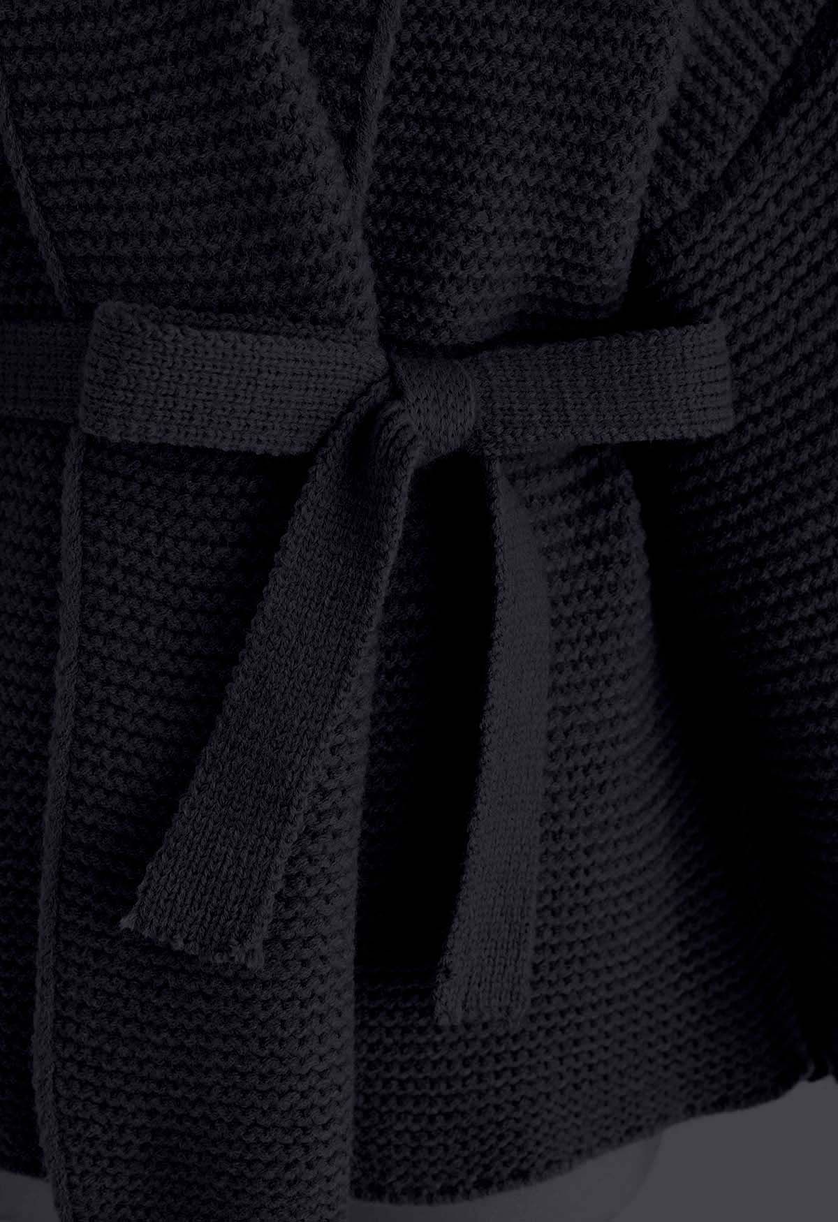 Collared Self-Tie Wrap Waffle Knit Cardigan in Black