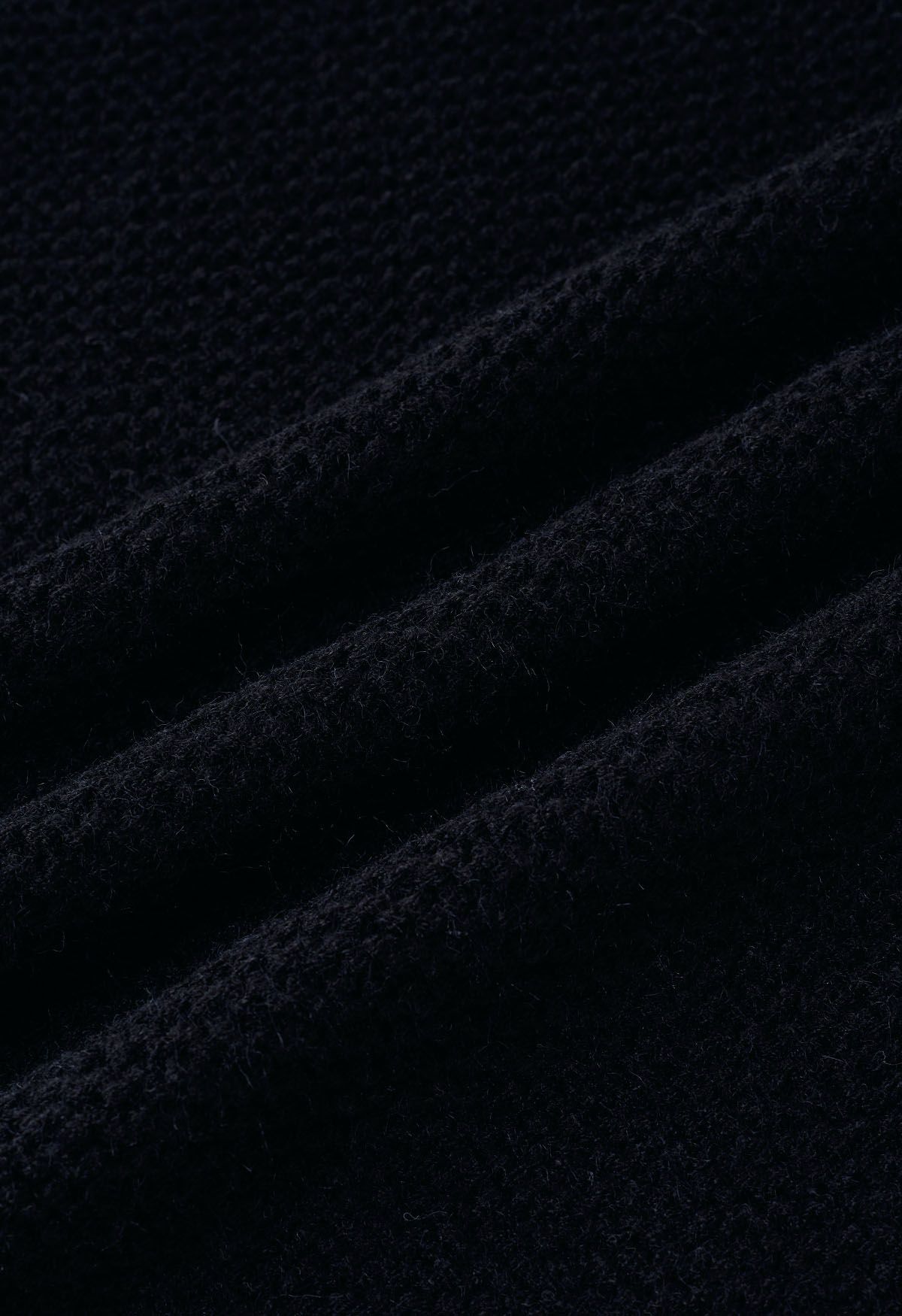 Collared Self-Tie Wrap Waffle Knit Cardigan in Black