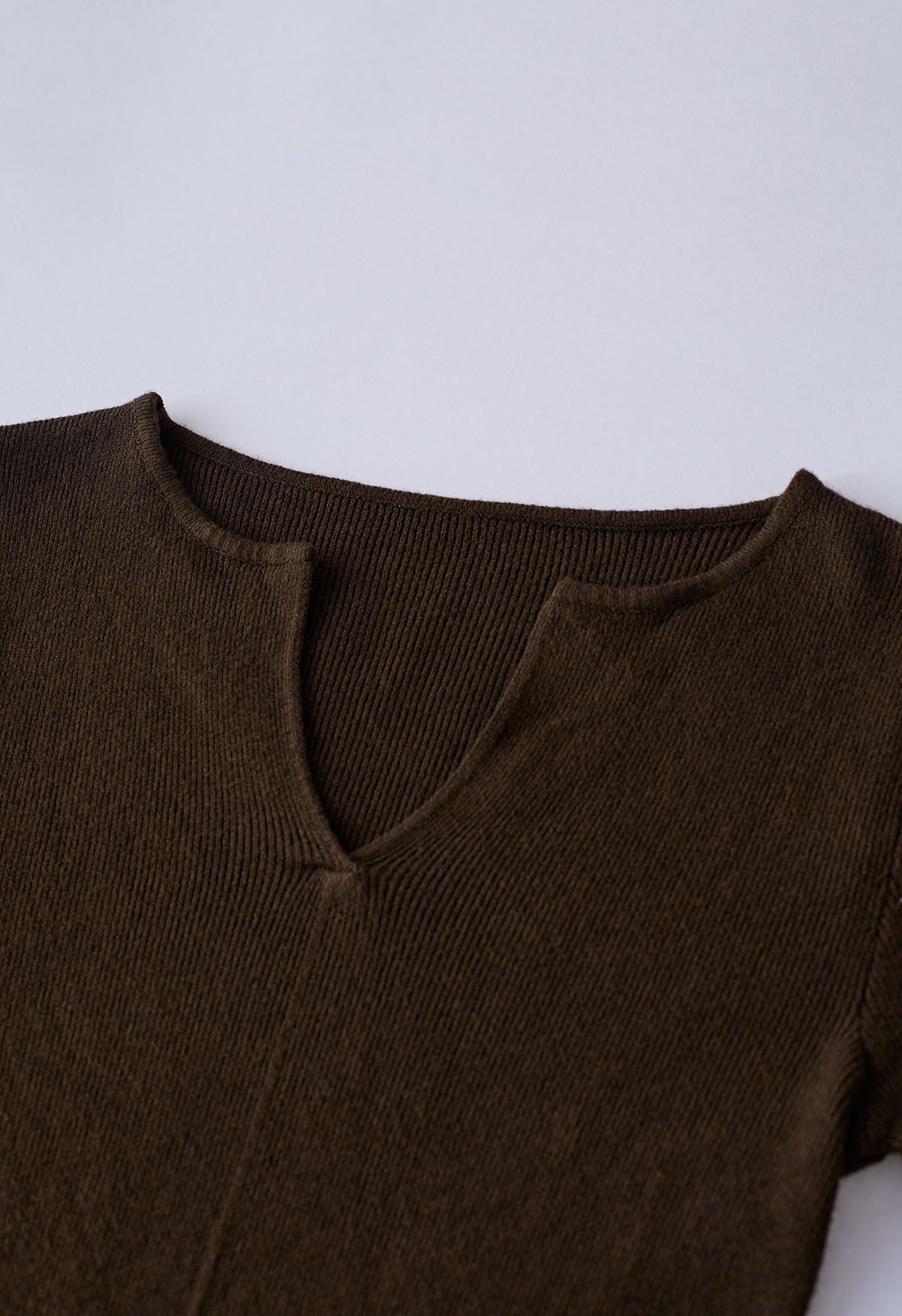 Notch Neckline Fitted Knit Top in Brown