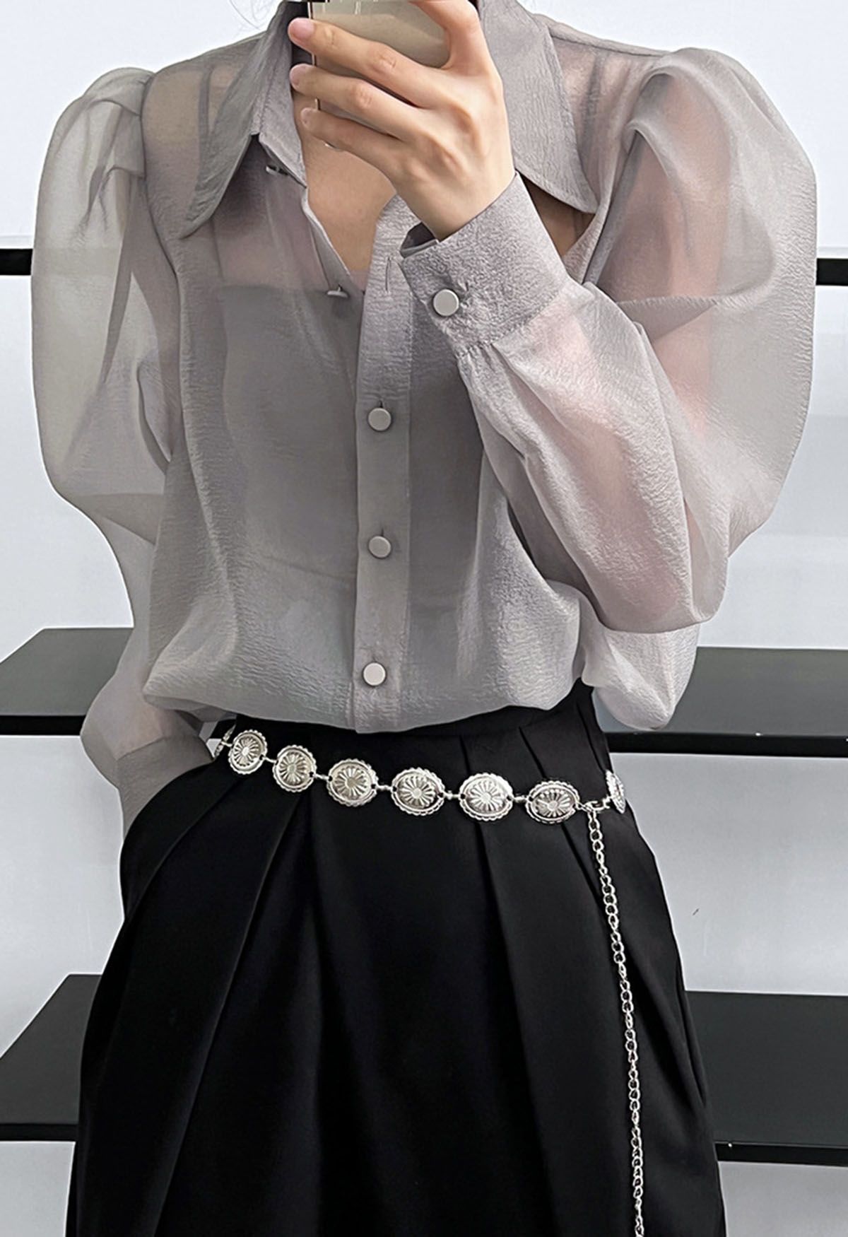 Bubble Sleeves Semi-Sheer Buttoned Shirt in Grey - Retro, Indie and ...