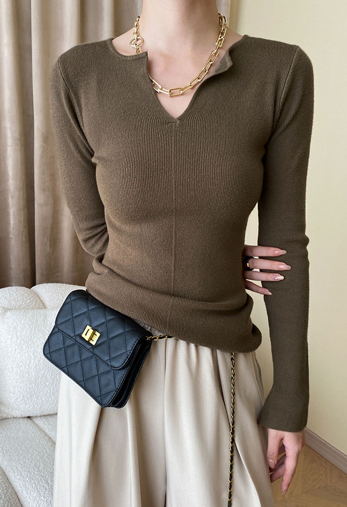 Notch Neckline Fitted Knit Top in Taupe