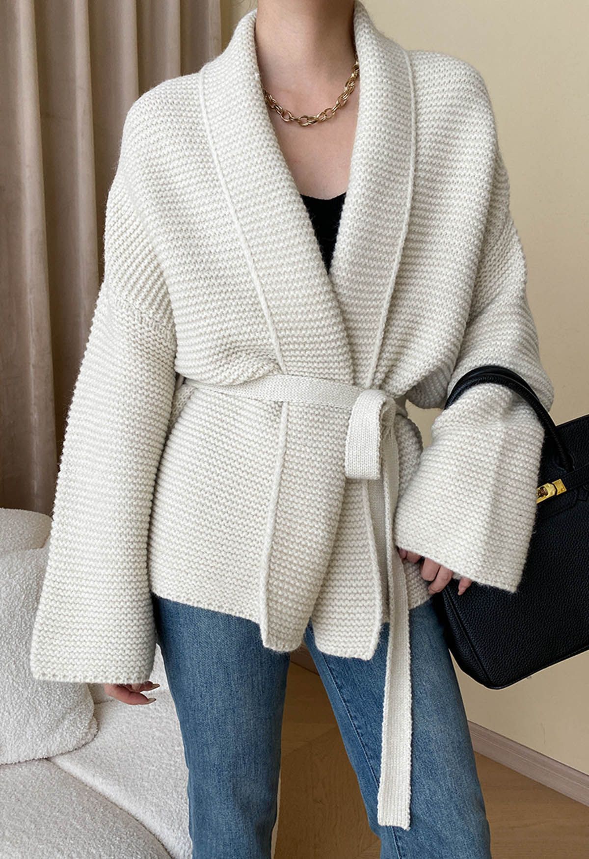 Collared Self-Tie Wrap Waffle Knit Cardigan in Ivory - Retro