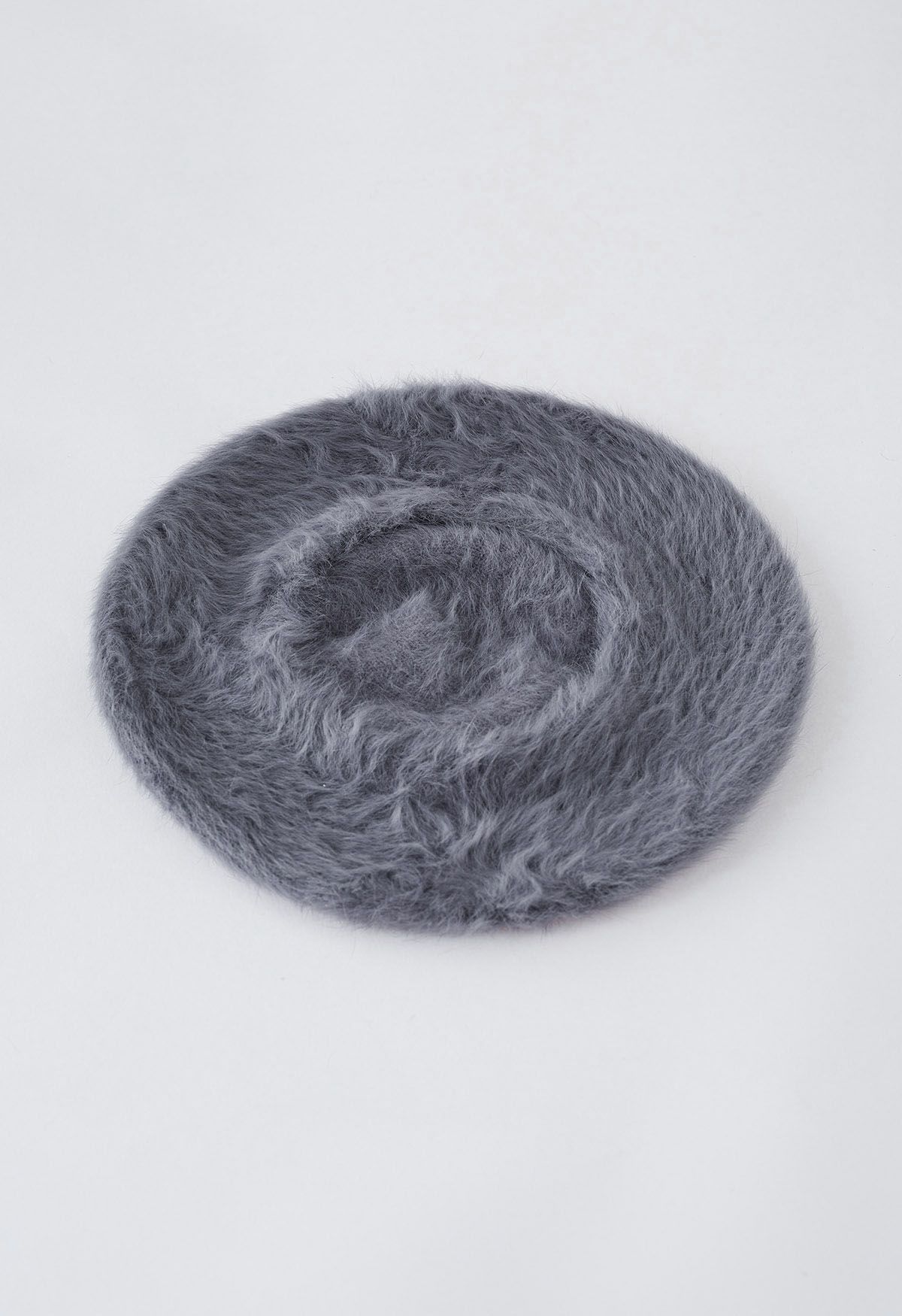 Pure Color Ultra-Soft Fuzzy Beret in Smoke