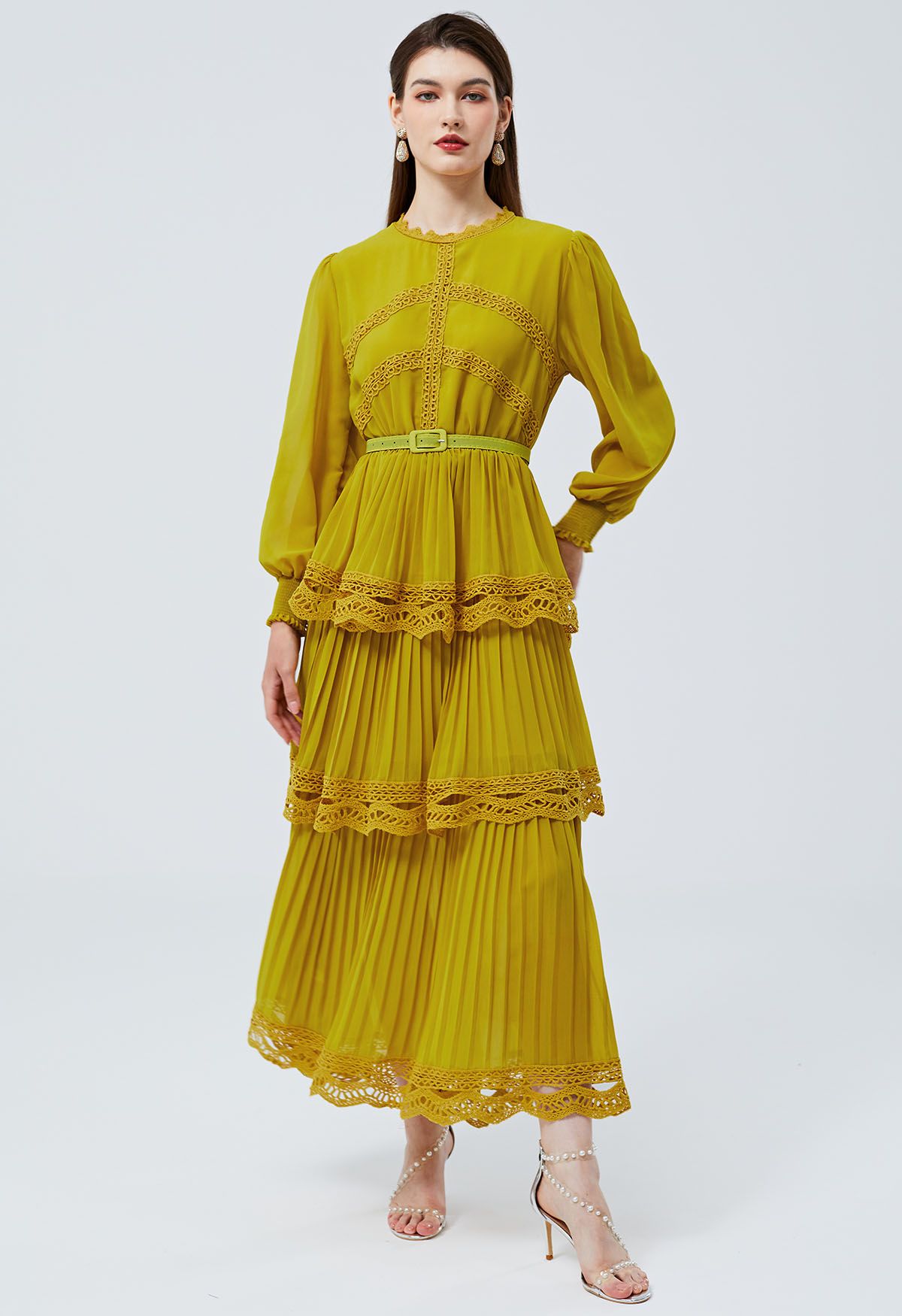 Crochet Lace Pleated Tiered Chiffon Maxi Dress in Yellow