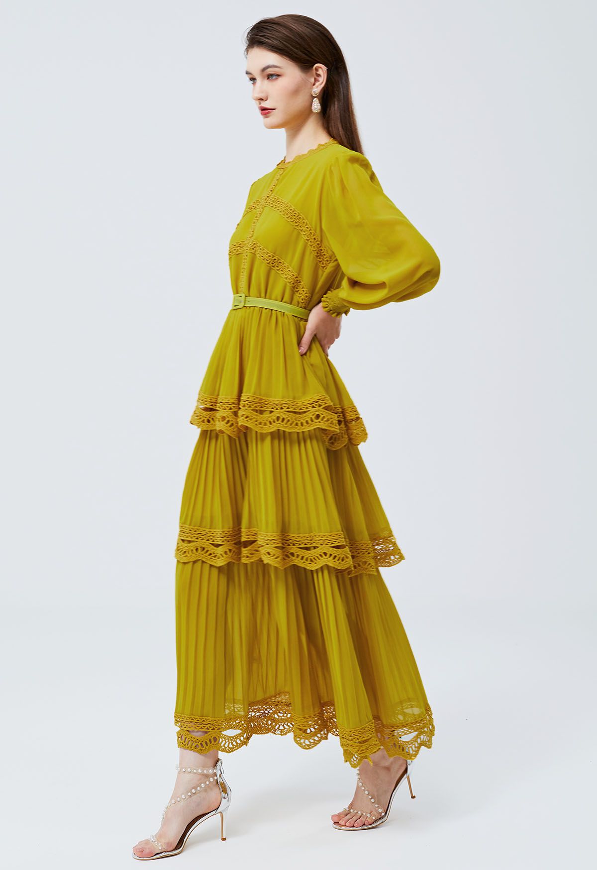 Crochet Lace Pleated Tiered Chiffon Maxi Dress in Yellow