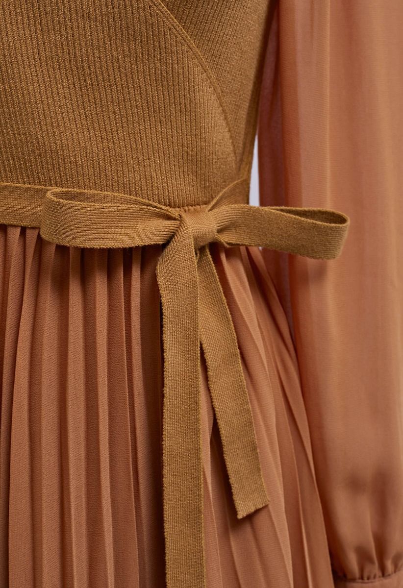 Knit Spliced Self-Tie Pleated Wrap Midi Dress in Caramel