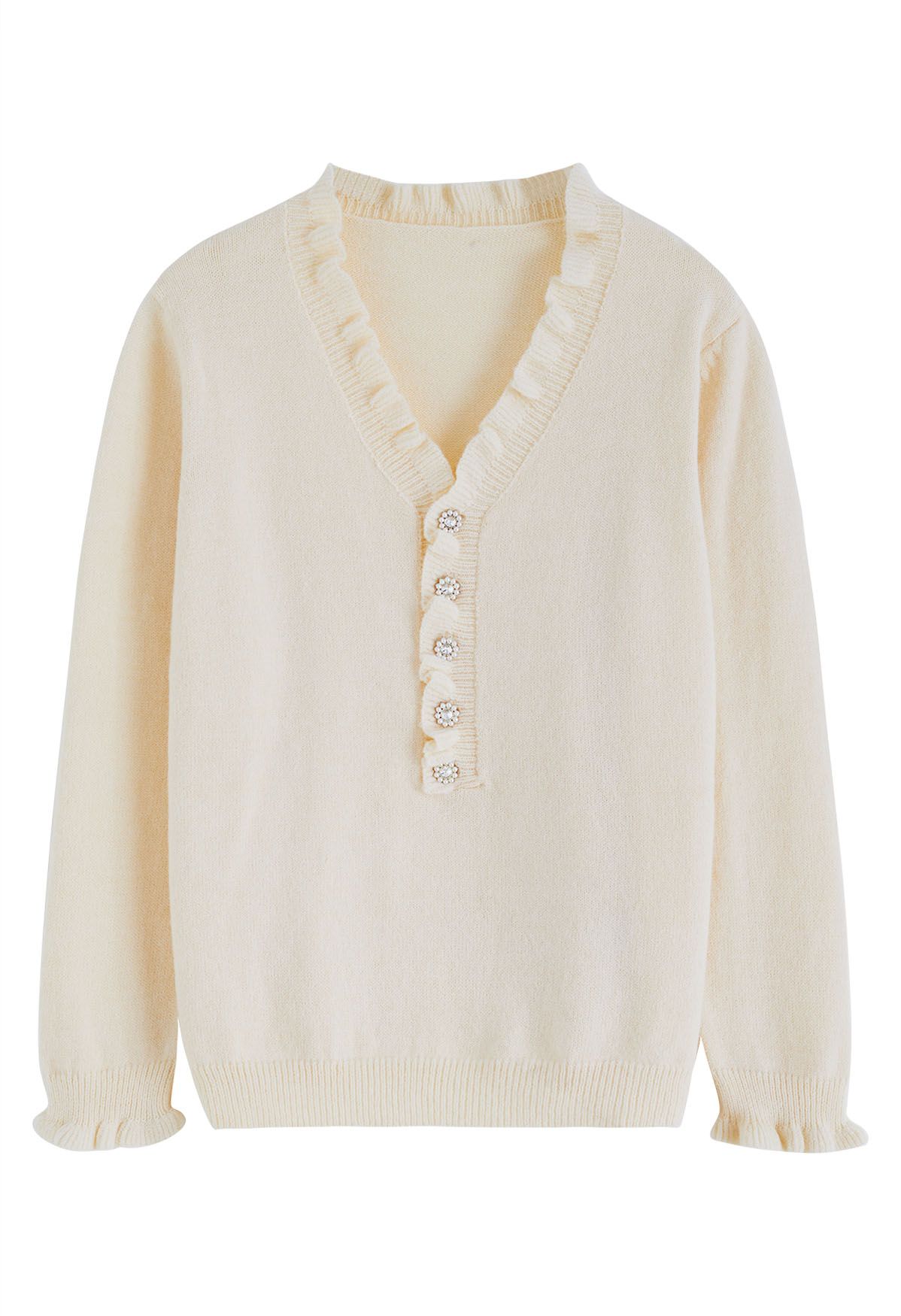 Ruffle Edge Button Front Knit Sweater in Cream