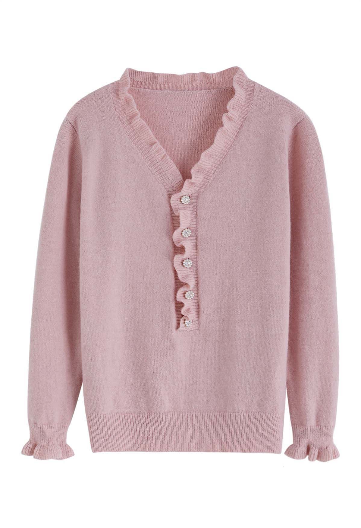 Ruffle Edge Button Front Knit Sweater in Pink - Retro, Indie and