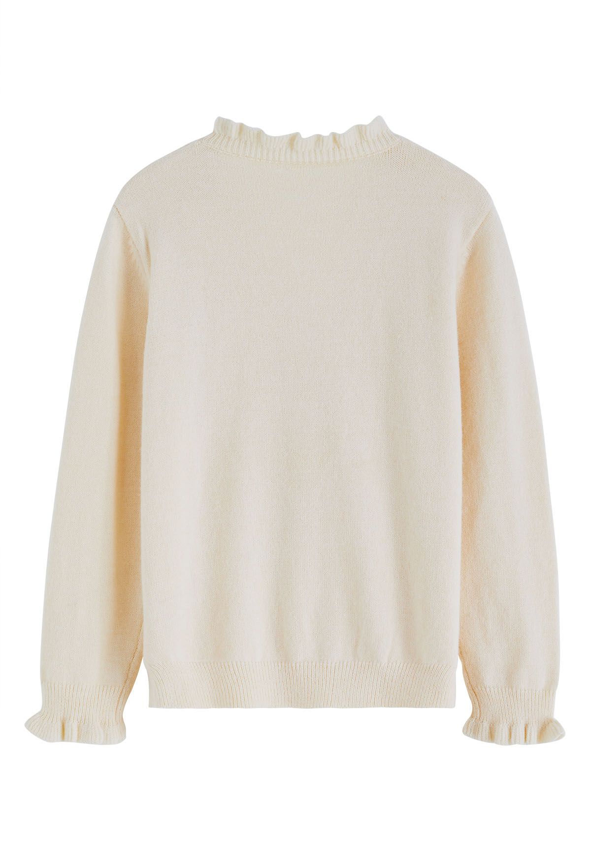 Ruffle Edge Button Front Knit Sweater in Cream