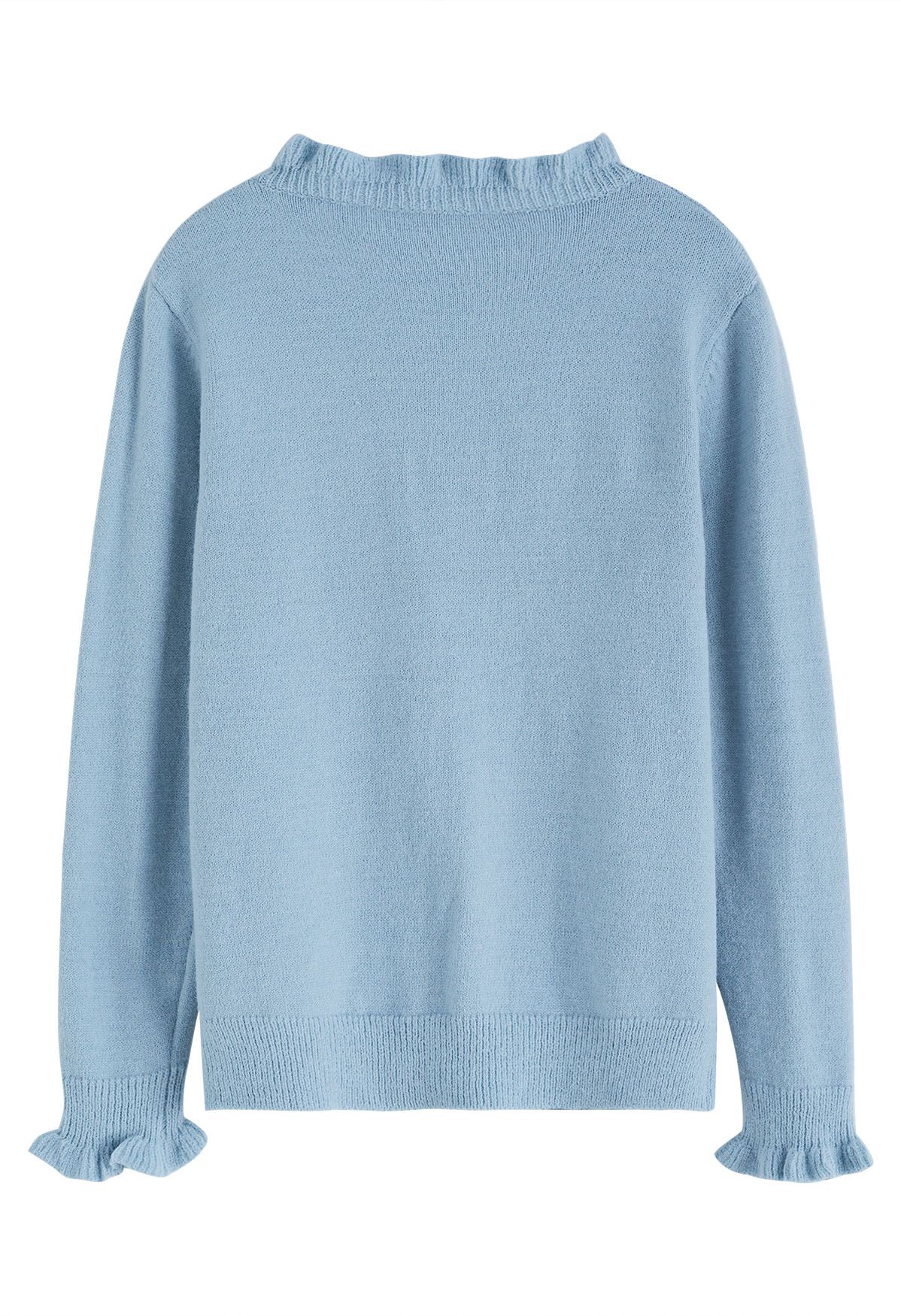 Ruffle Edge Button Front Knit Sweater in Blue
