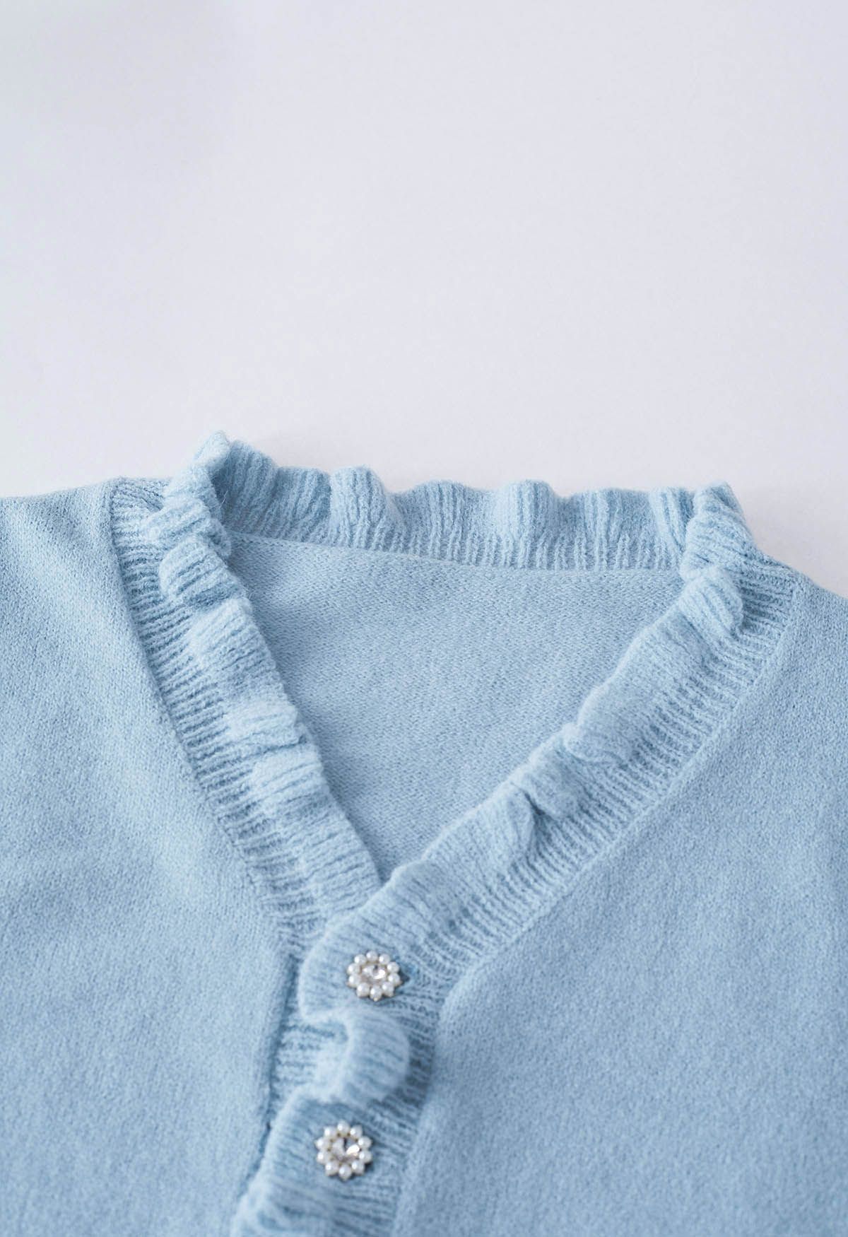 Ruffle Edge Button Front Knit Sweater in Blue