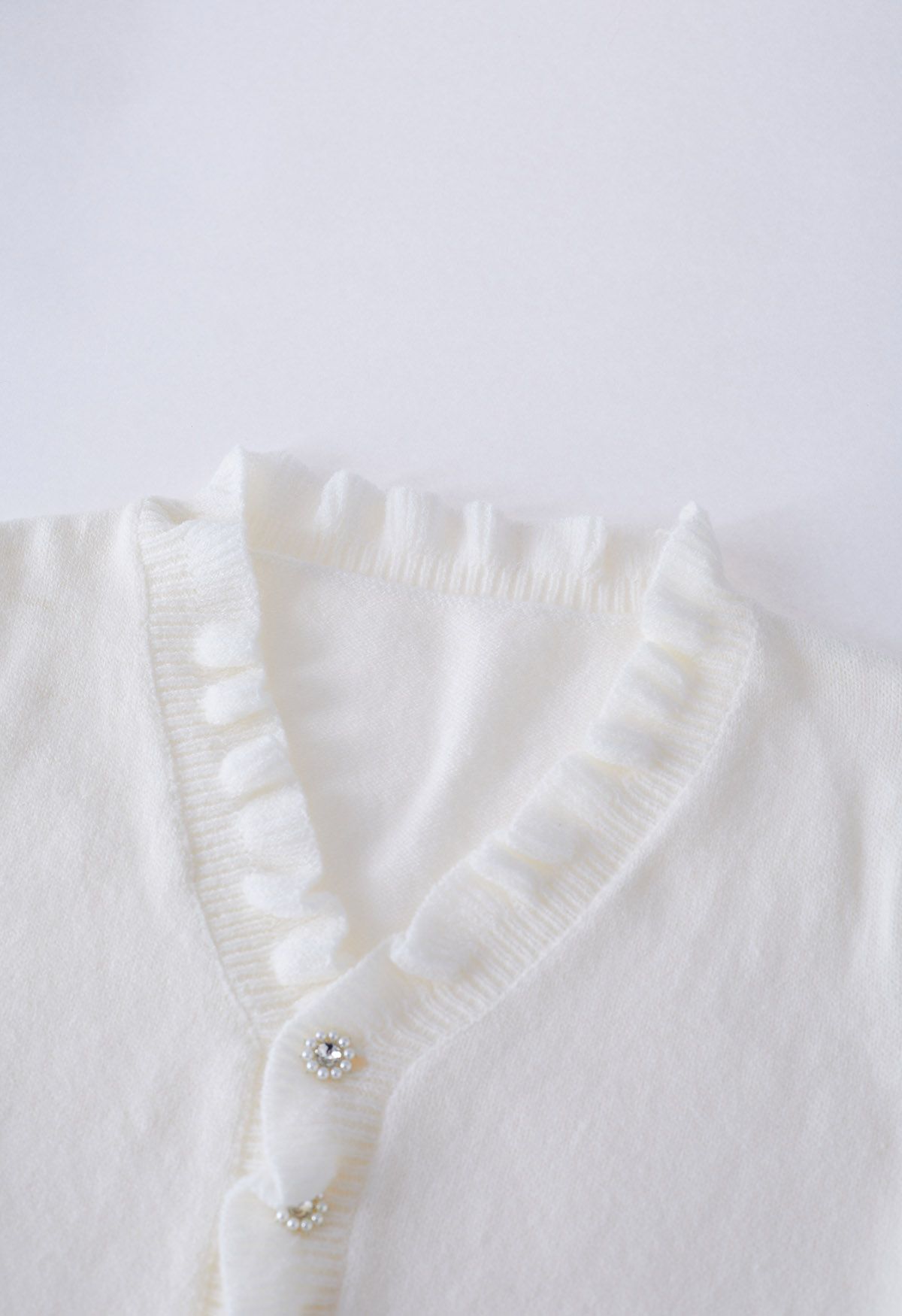 Ruffle Edge Button Front Knit Sweater in White