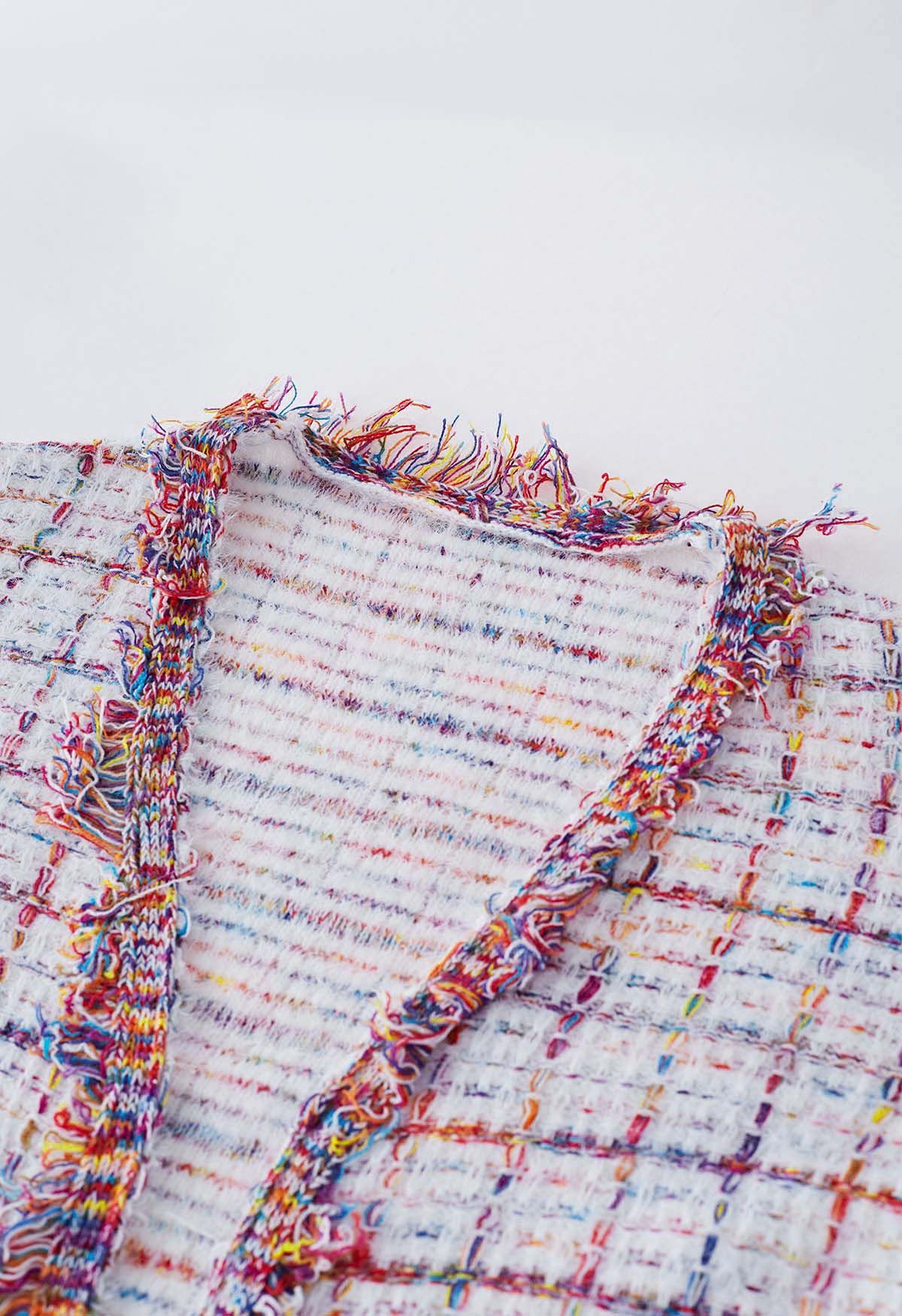 Multicolored Grid Pattern Longline Knit Cardigan in White
