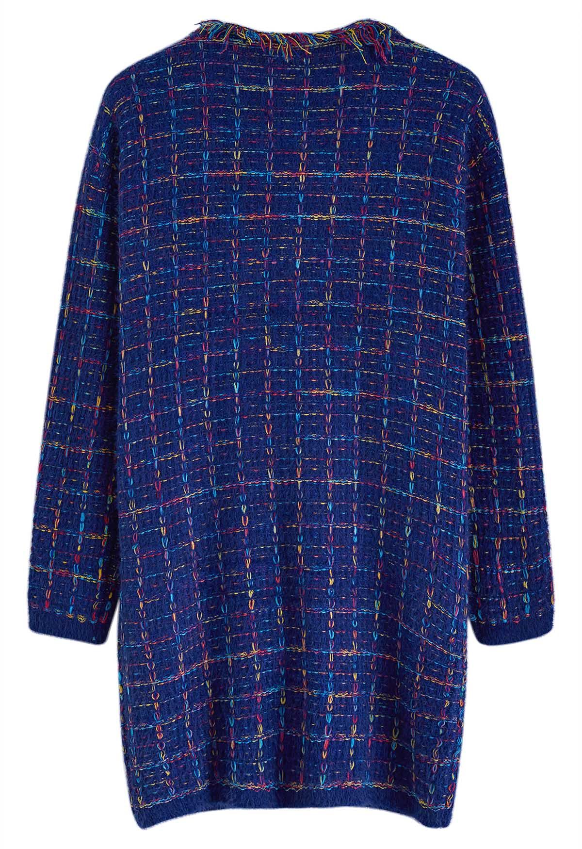 Multicolored Grid Pattern Longline Knit Cardigan in Indigo
