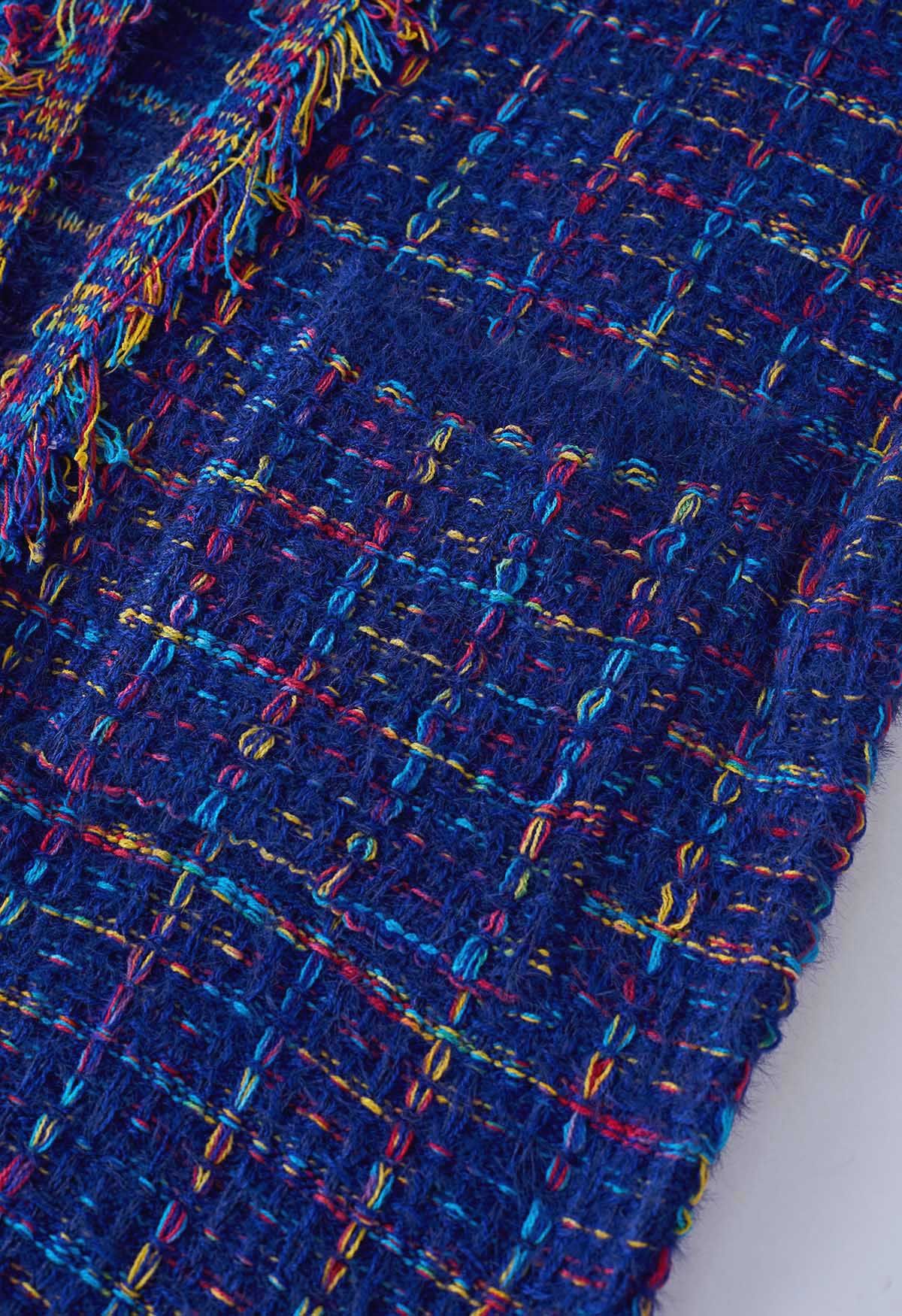 Multicolored Grid Pattern Longline Knit Cardigan in Indigo
