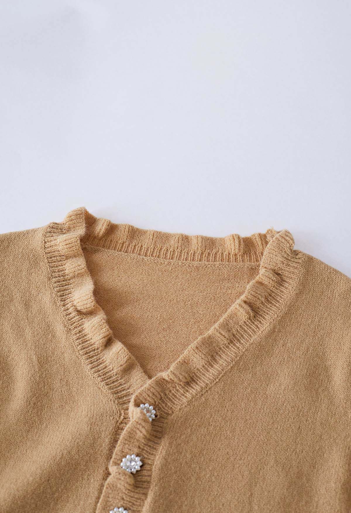 Ruffle Edge Button Front Knit Sweater in Tan
