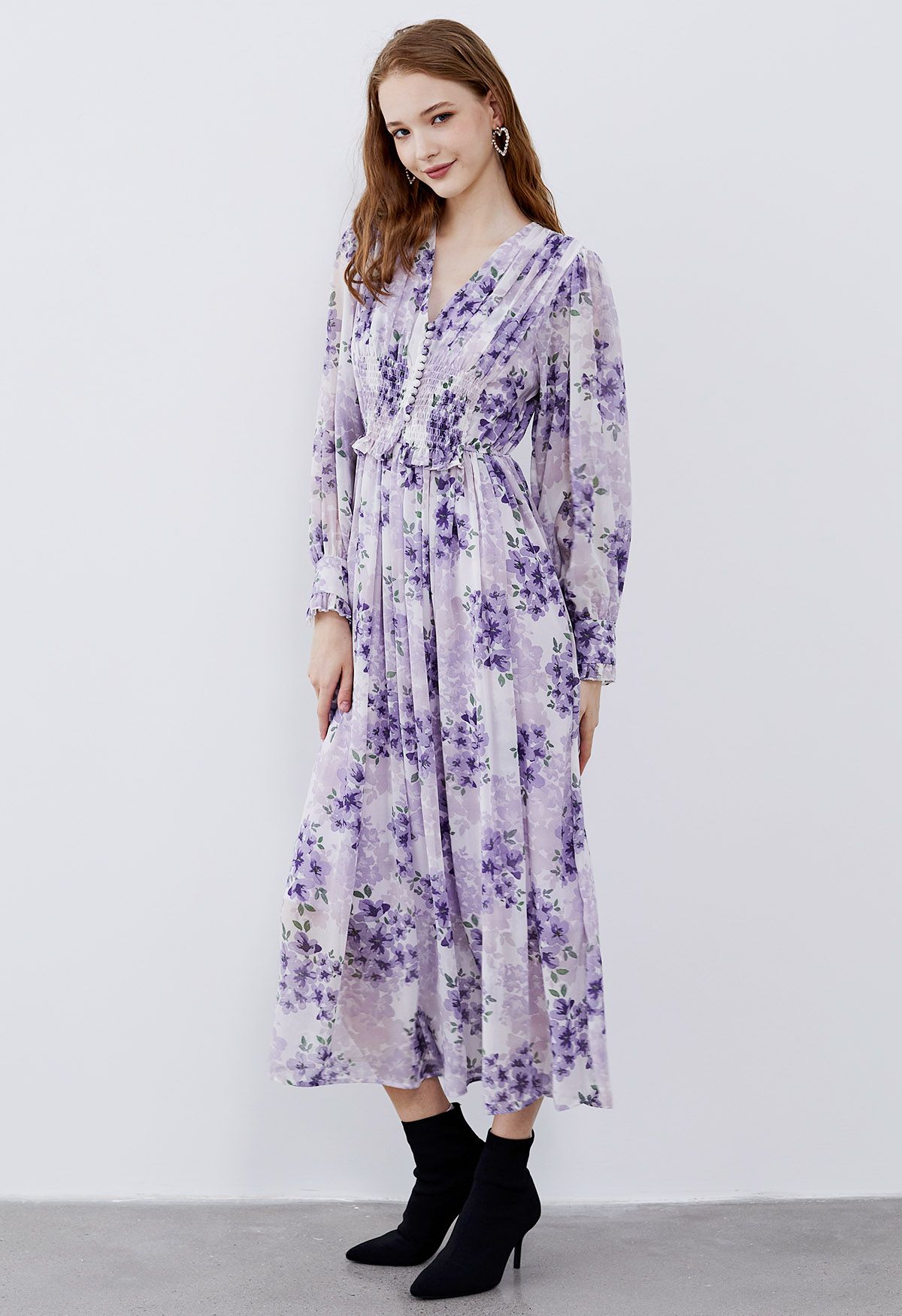 Delicate Floral Shirred Maxi Dress in Lilac