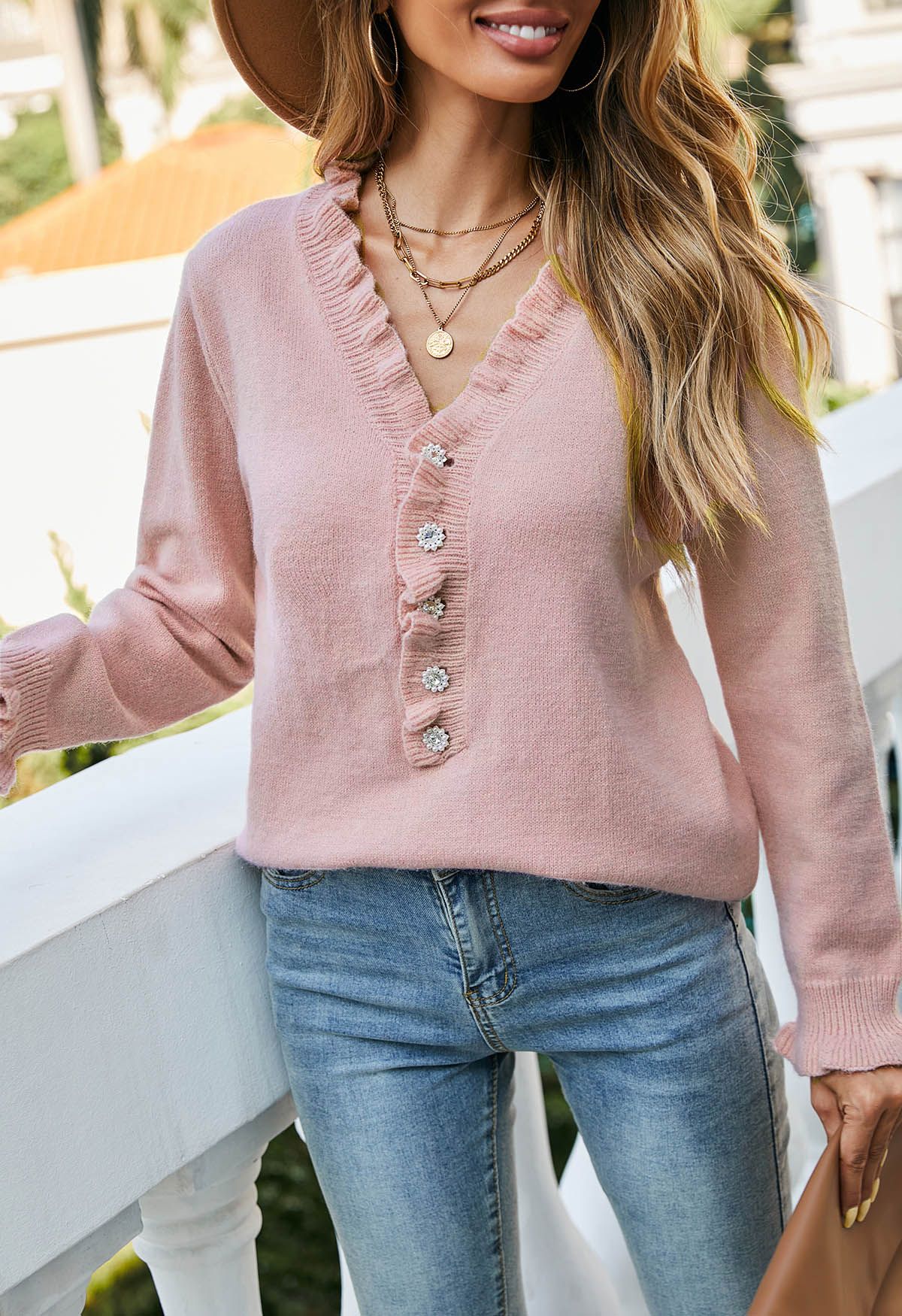 Ruffle Edge Button Front Knit Sweater in Pink - Retro, Indie and