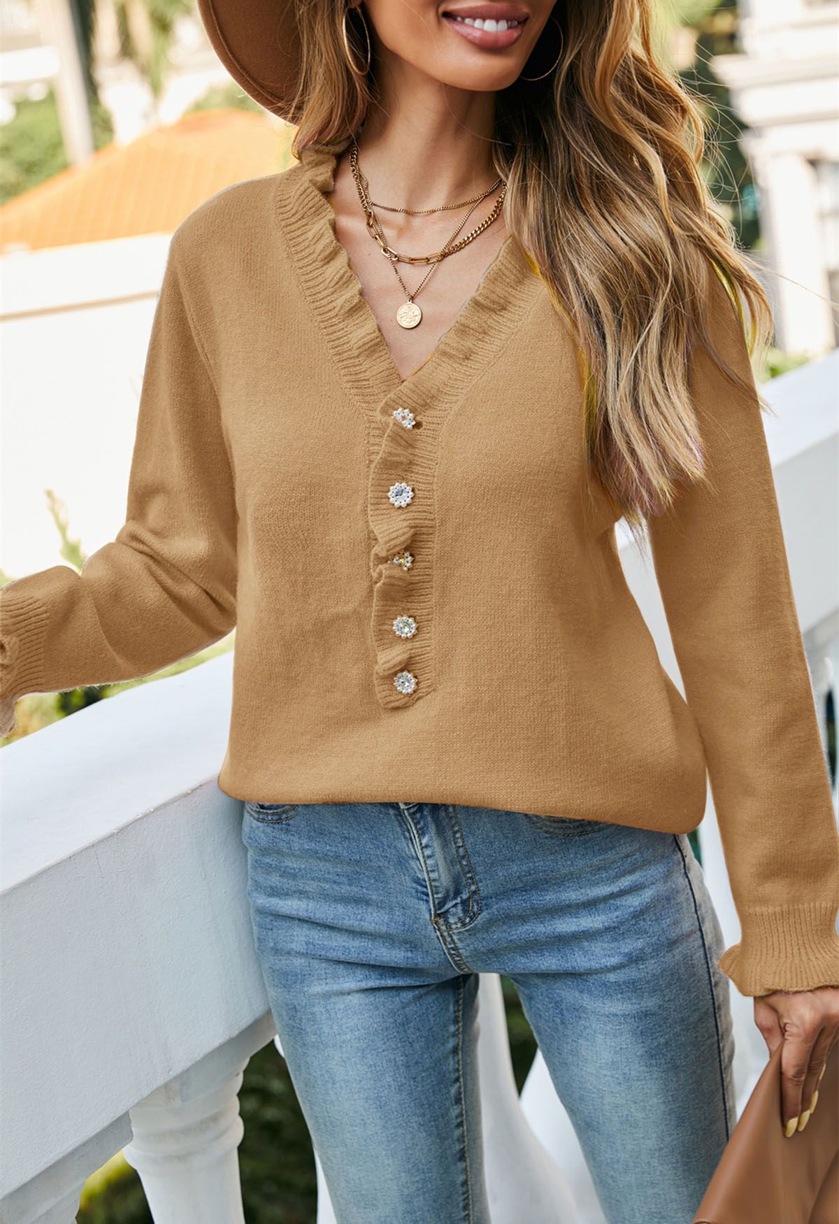 Ruffle Edge Button Front Knit Sweater in Tan