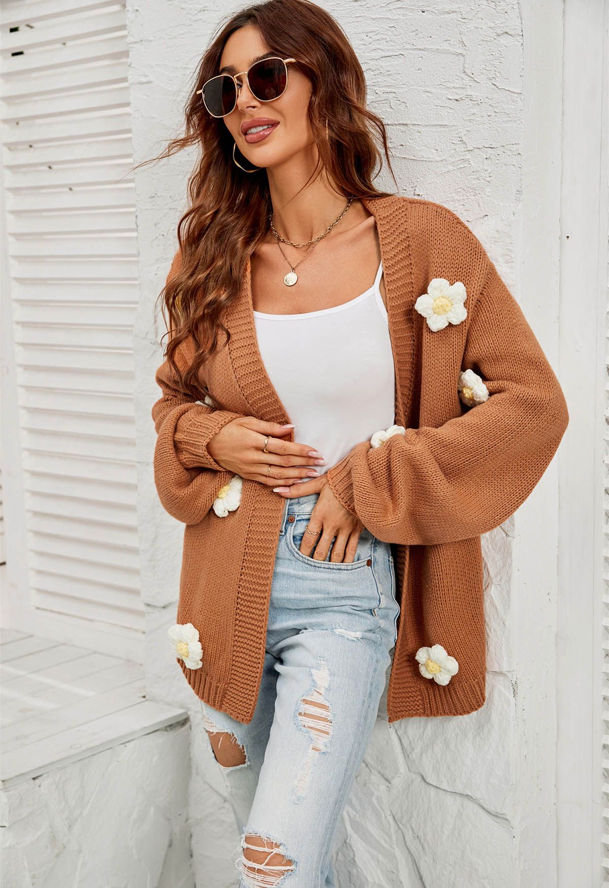 3D Stitch Flower Open Front Knit Cardigan in Tan