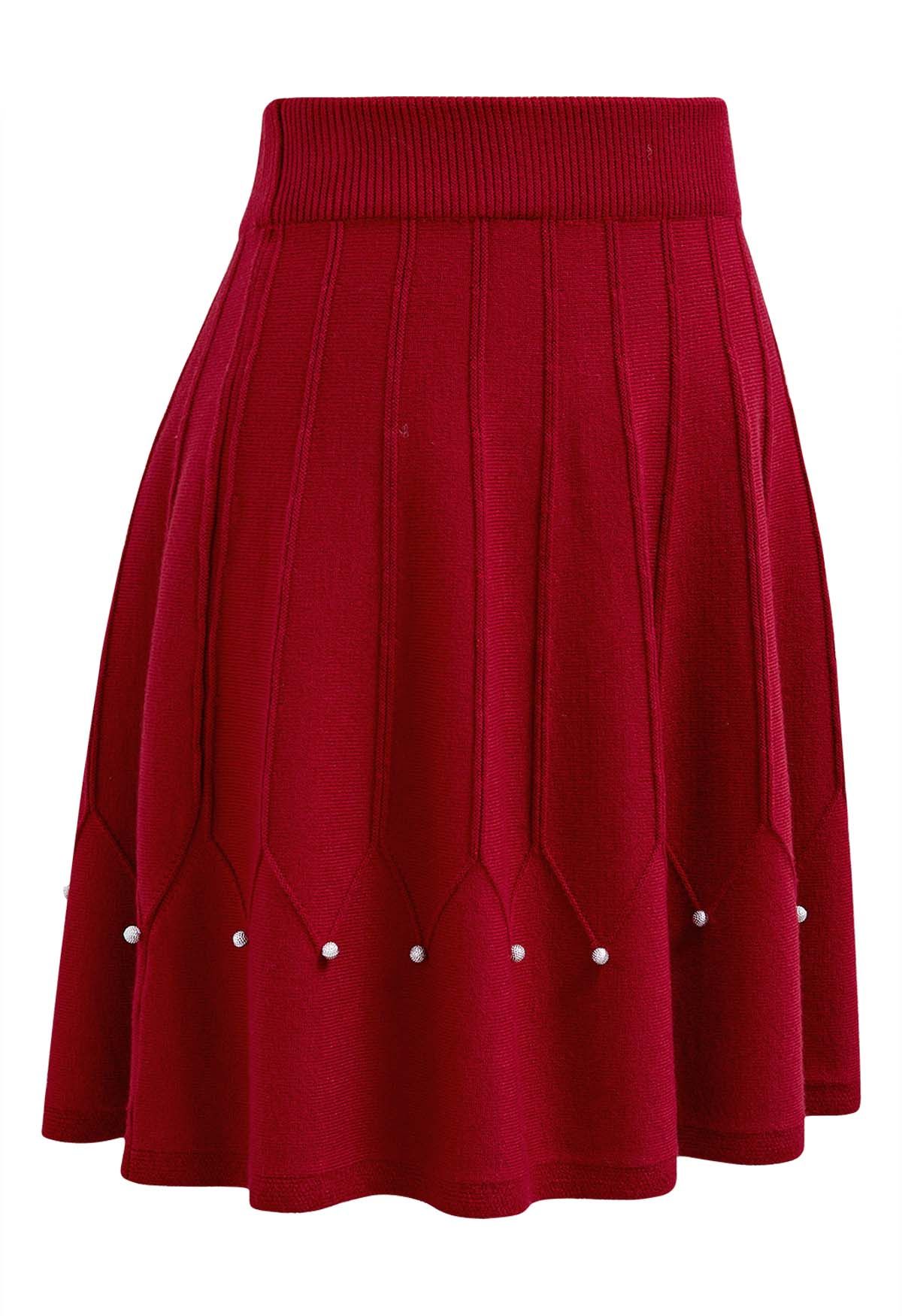 Silver Bead Embellished Seam Knit Skirt in Red