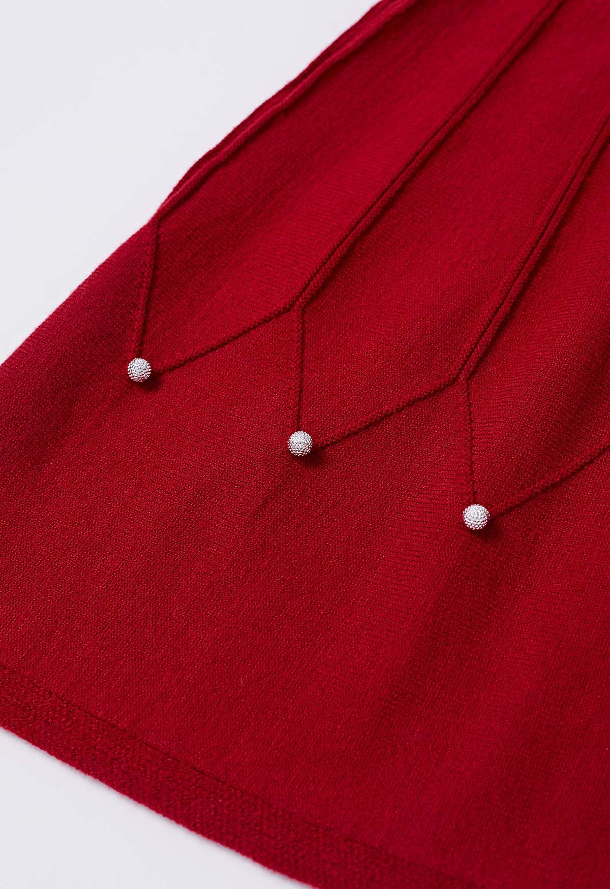 Silver Bead Embellished Seam Knit Skirt in Red