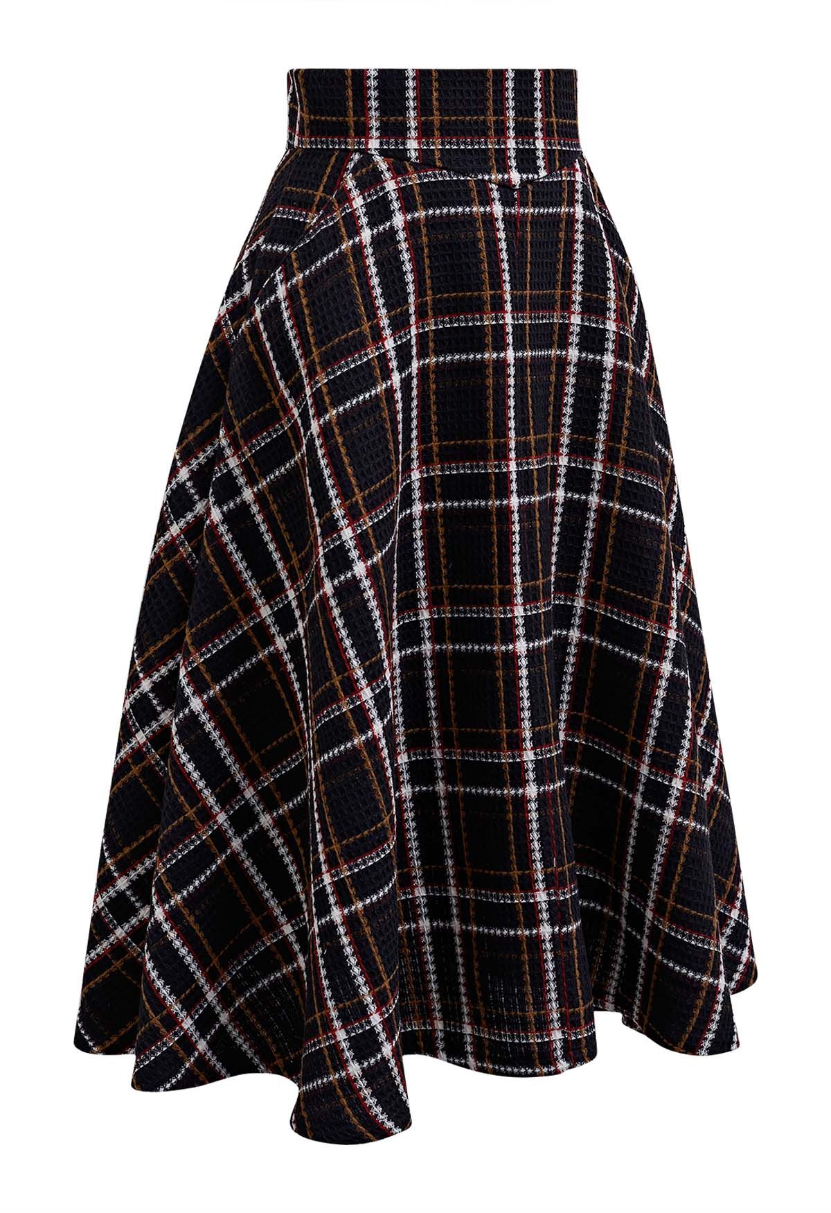 Plaid Tweed High-Waist A-Line Midi Skirt in Black - Retro, Indie and ...