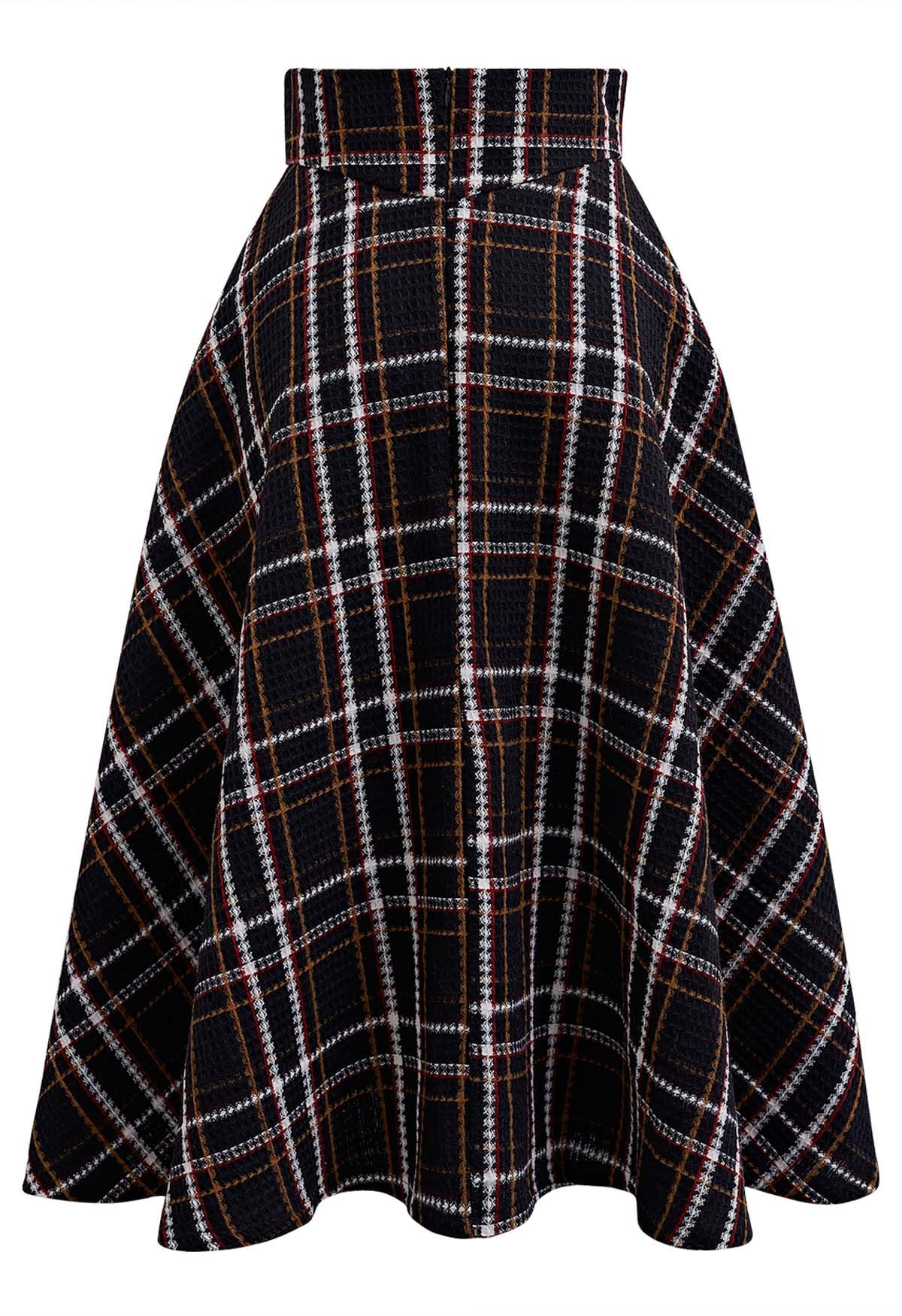 Plaid Tweed High-Waist A-Line Midi Skirt in Black - Retro, Indie and ...