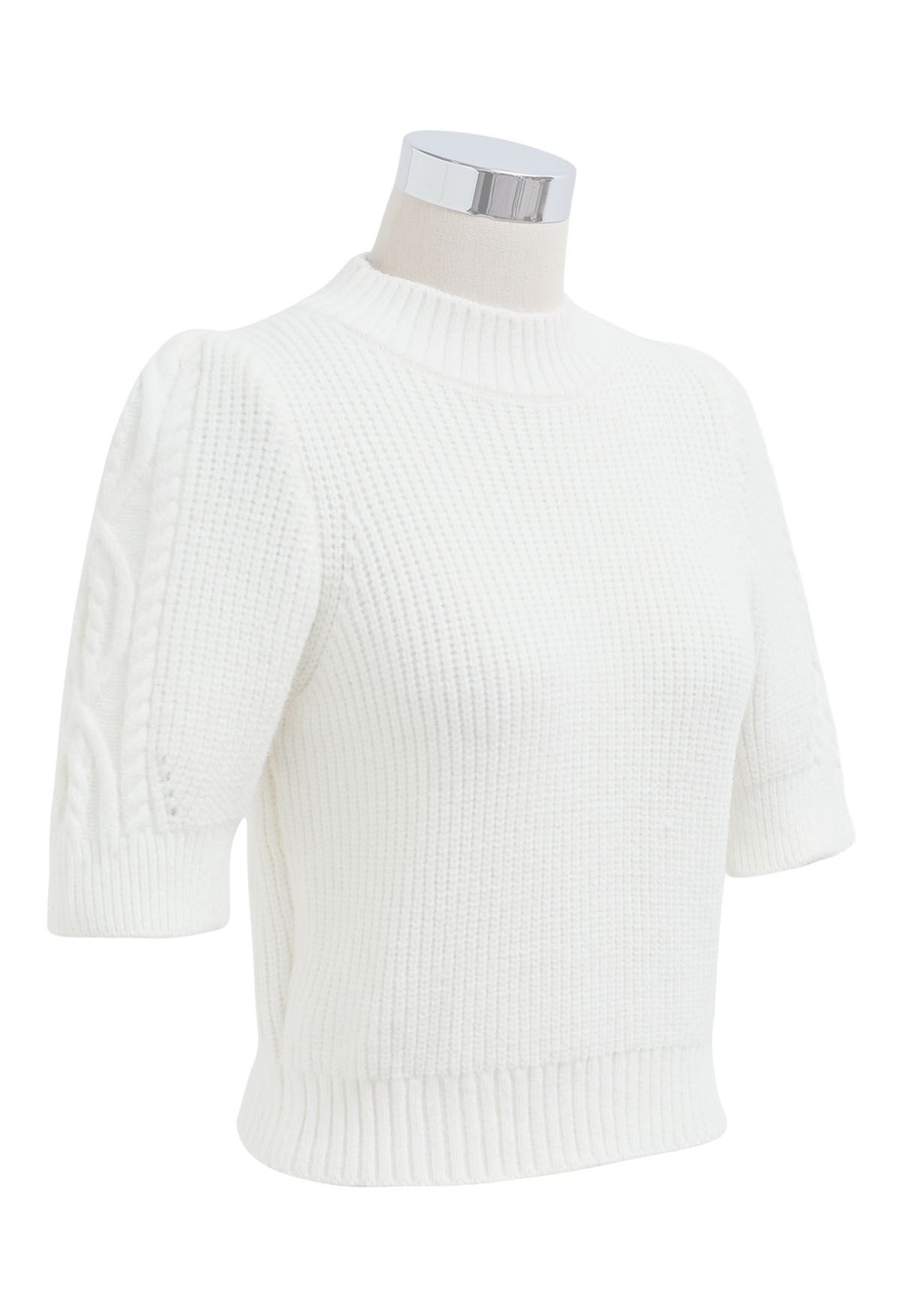 Mock Neck Short Sleeve Knit Sweater in White