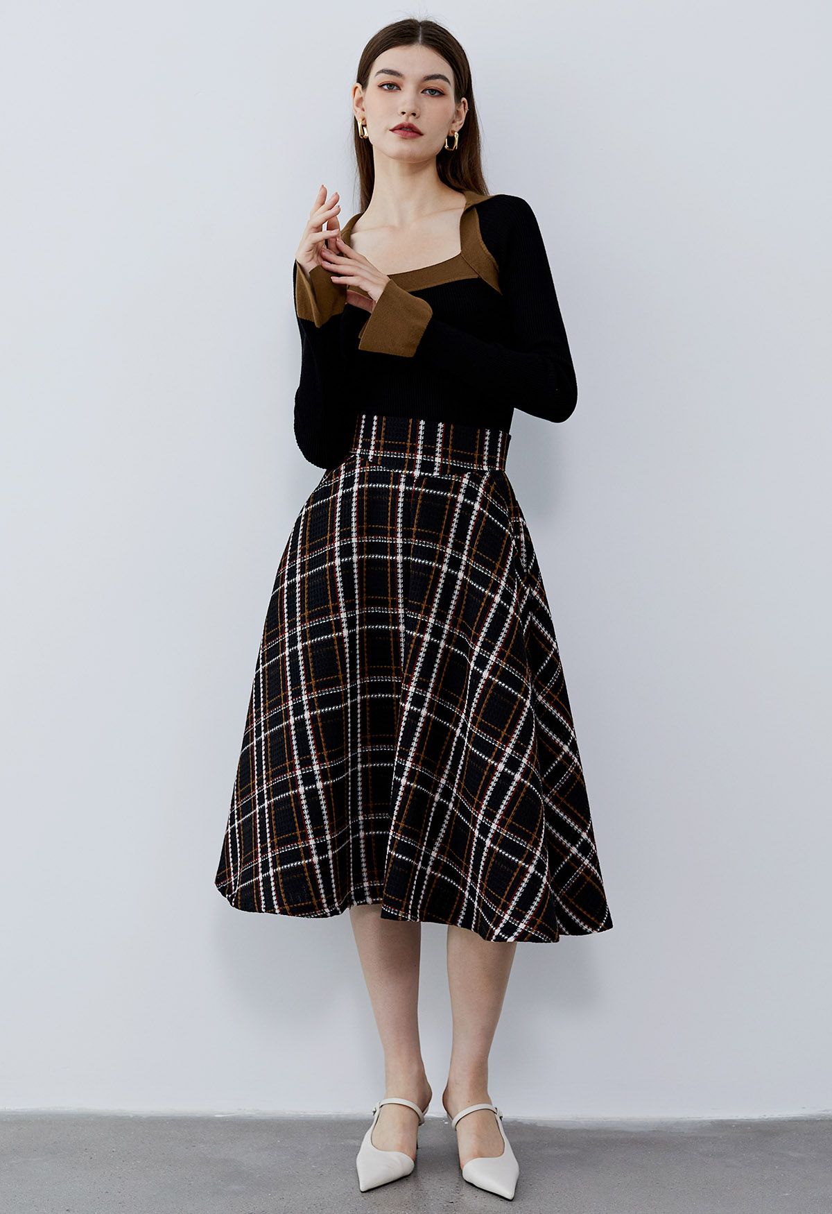 Plaid Tweed High-Waist A-Line Midi Skirt in Black - Retro, Indie and Unique  Fashion