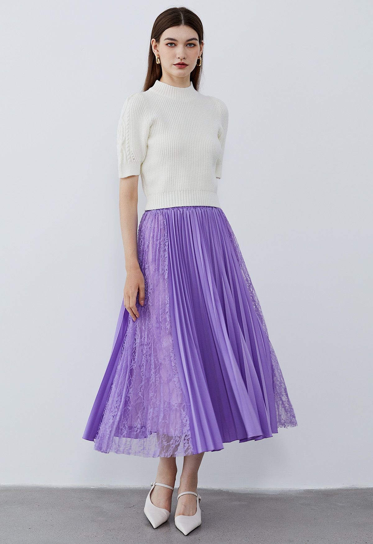 Lace Panelled Pleated Midi Skirt in Lilac