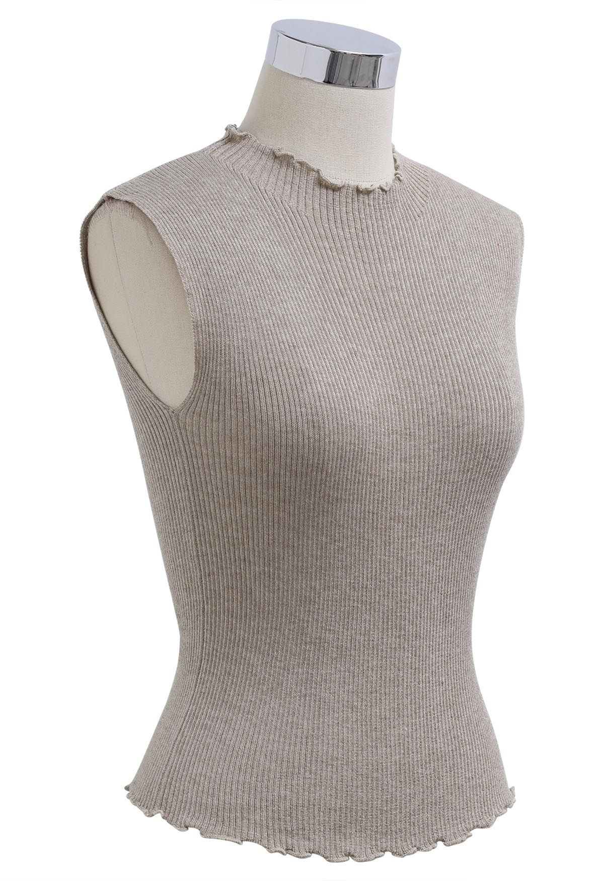 Glittery Lettuce Edge Sleeveless Knit Top in Taupe - Retro, Indie