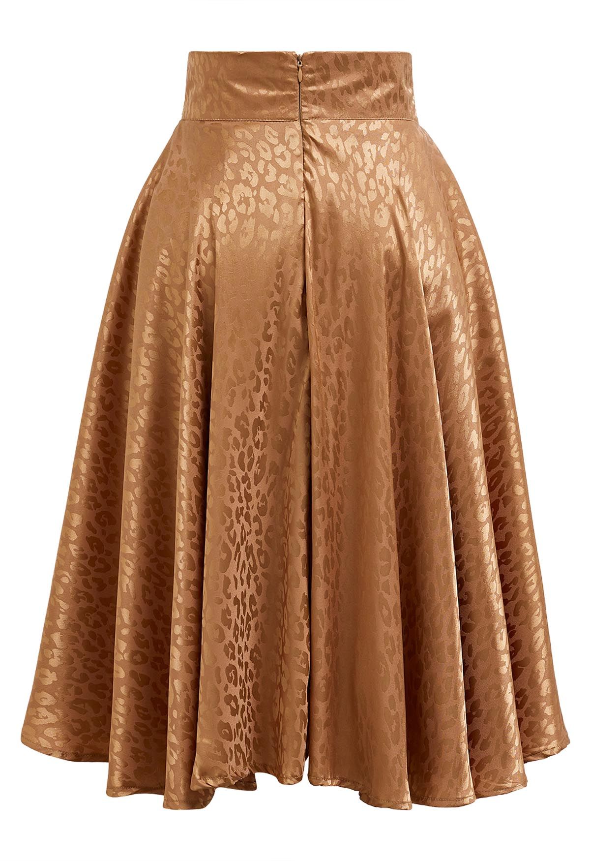 Glossy Leopard Jacquard Tie Waist Flare Midi Skirt in Pumpkin