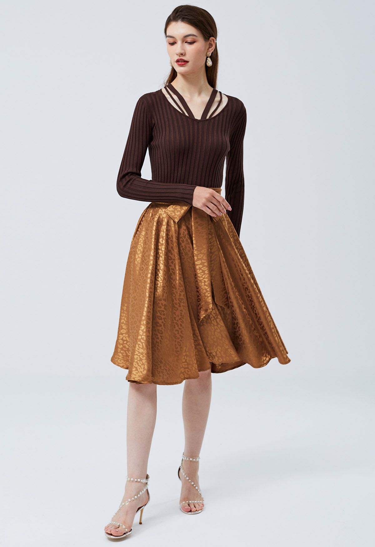 Glossy Leopard Jacquard Tie Waist Flare Midi Skirt in Pumpkin