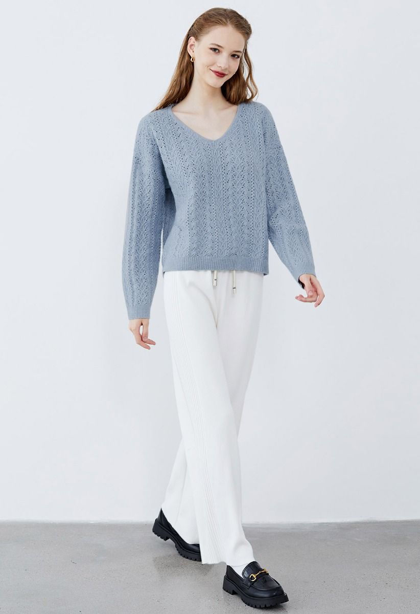 V-Neck Pointelle Knit Sweater in Dusty Blue