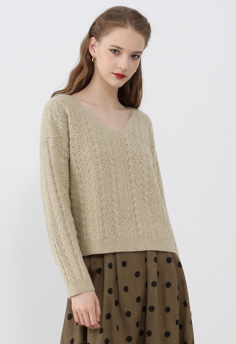 V-Neck Pointelle Knit Sweater in Light Tan