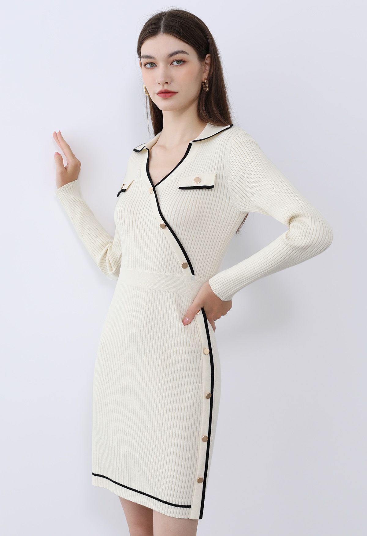 Collared Golden Button Decorated Ribbed Knit Dress in Cream