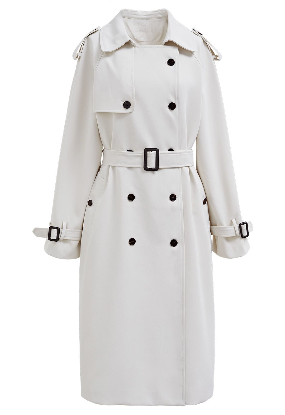 Tailored Double-Breasted Belted Trench Coat in Ivory