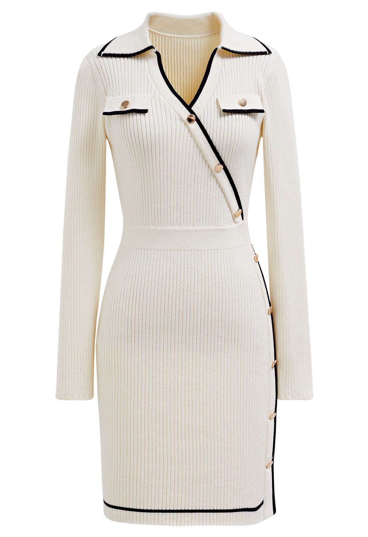 Collared Golden Button Decorated Ribbed Knit Dress in Cream
