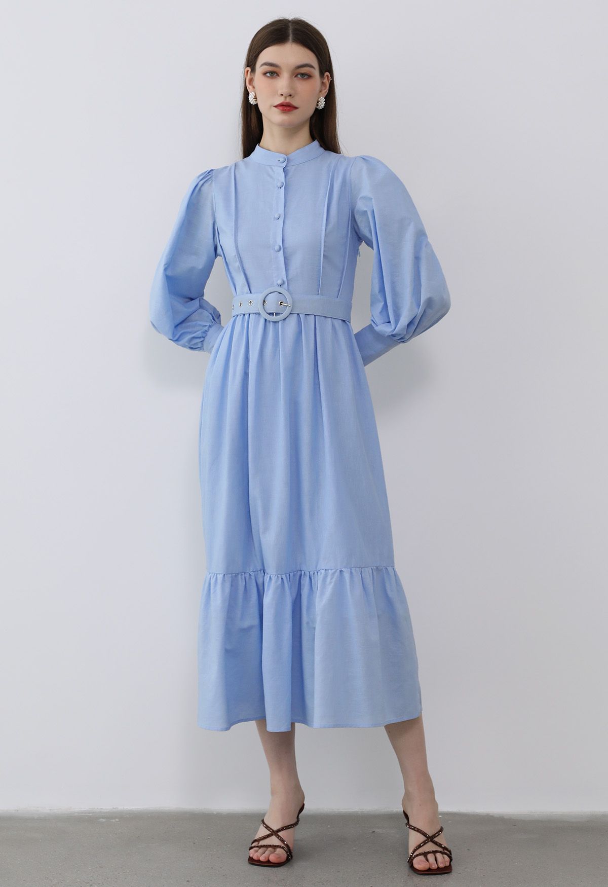 Lantern Sleeve Button Down Linen-Blend Midi Dress in Blue