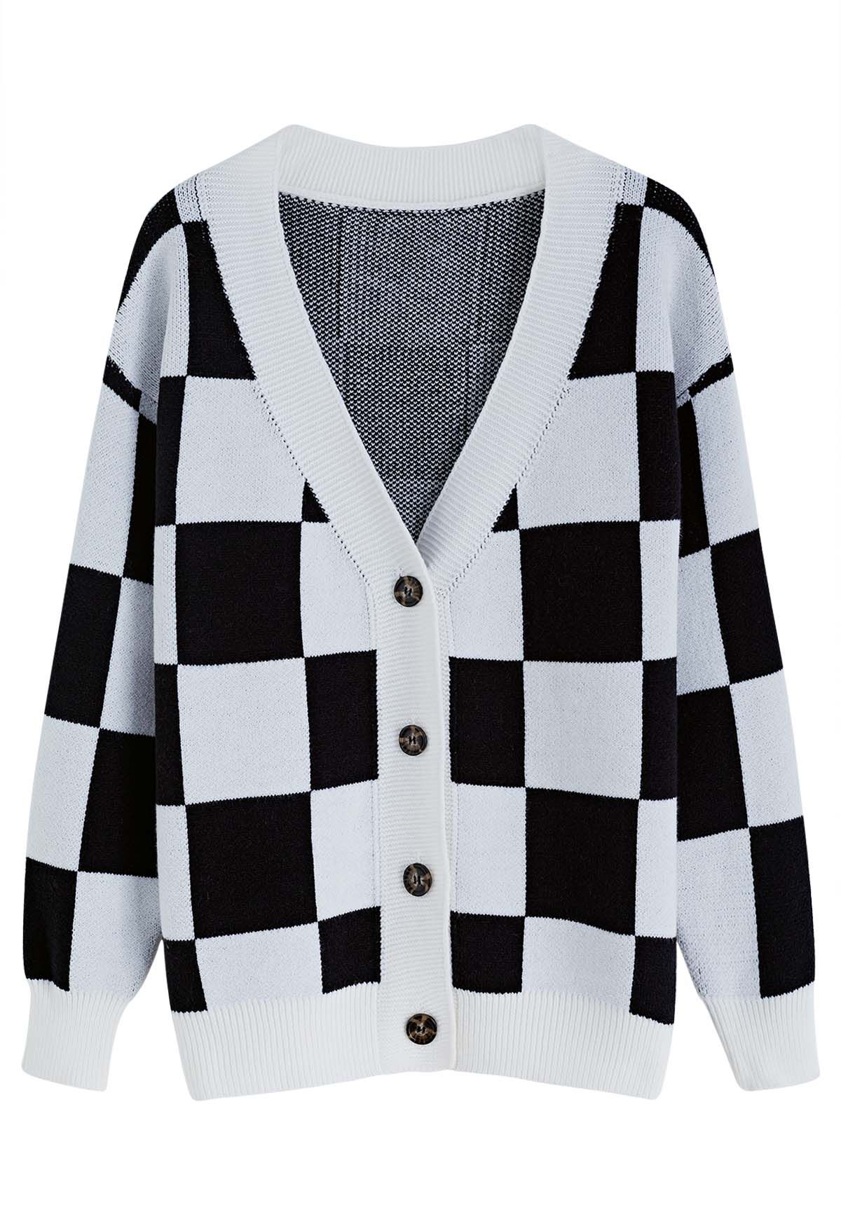 Check Pattern V-Neck Button Down Cardigan in Black